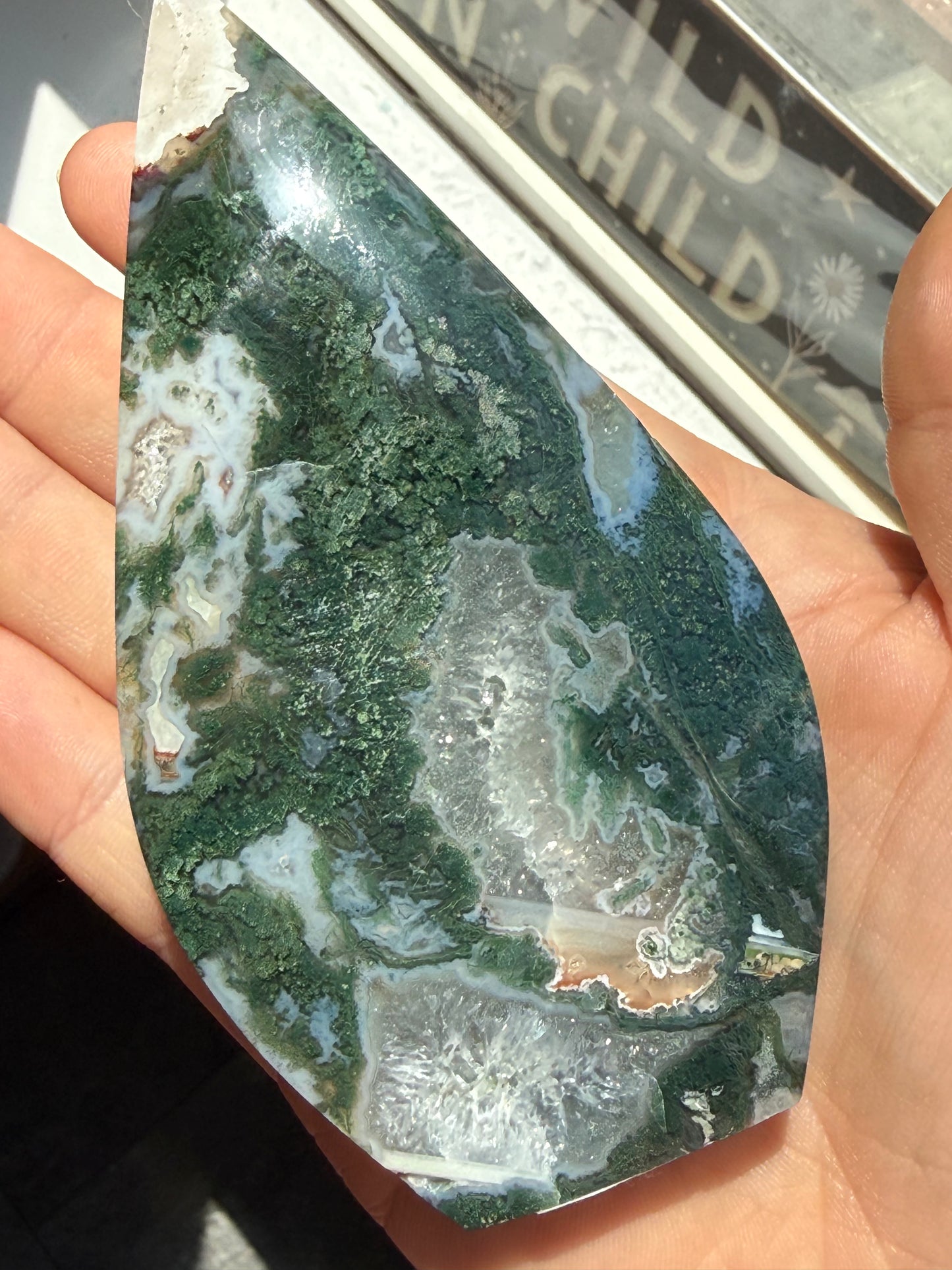 Moss Agate Flame Tower with stand – Growth, Grounding & Natural Renewal