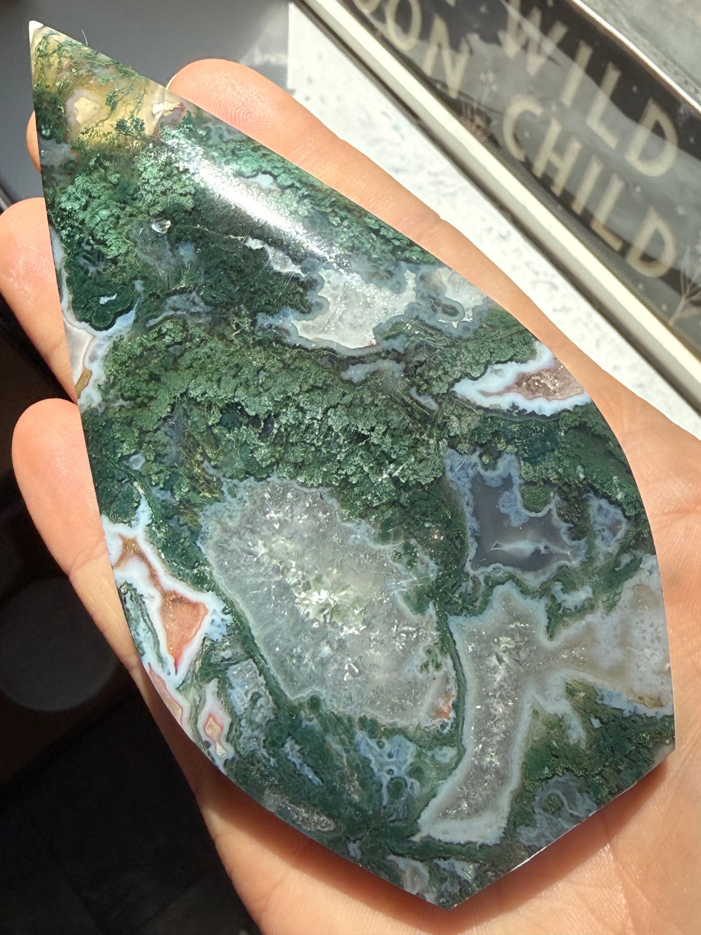 Moss Agate Flame Tower with stand – Growth, Grounding & Natural Renewal