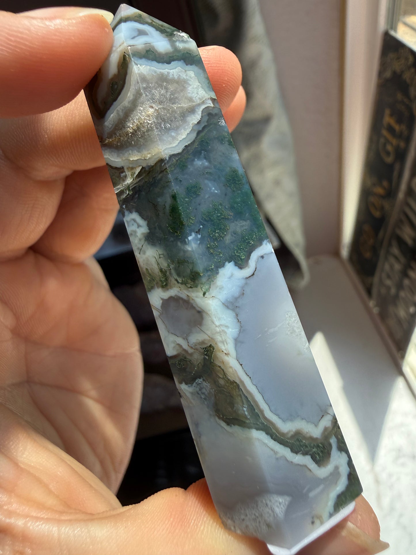 Small Moss Agate Tower – Polished Mini Crystal Point for Growth, Grounding & Natural Balance