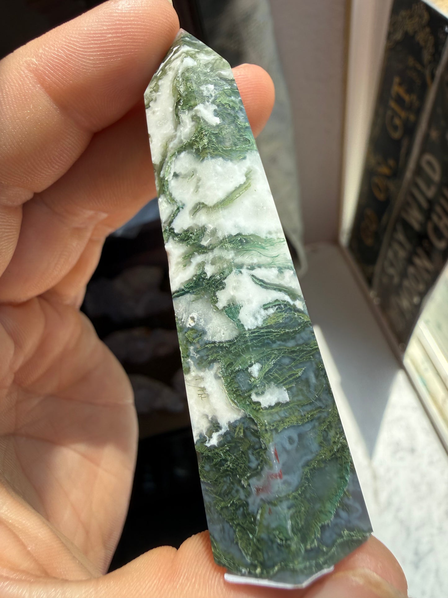 Small Moss Agate Tower – Polished Mini Crystal Point for Growth, Grounding & Natural Balance