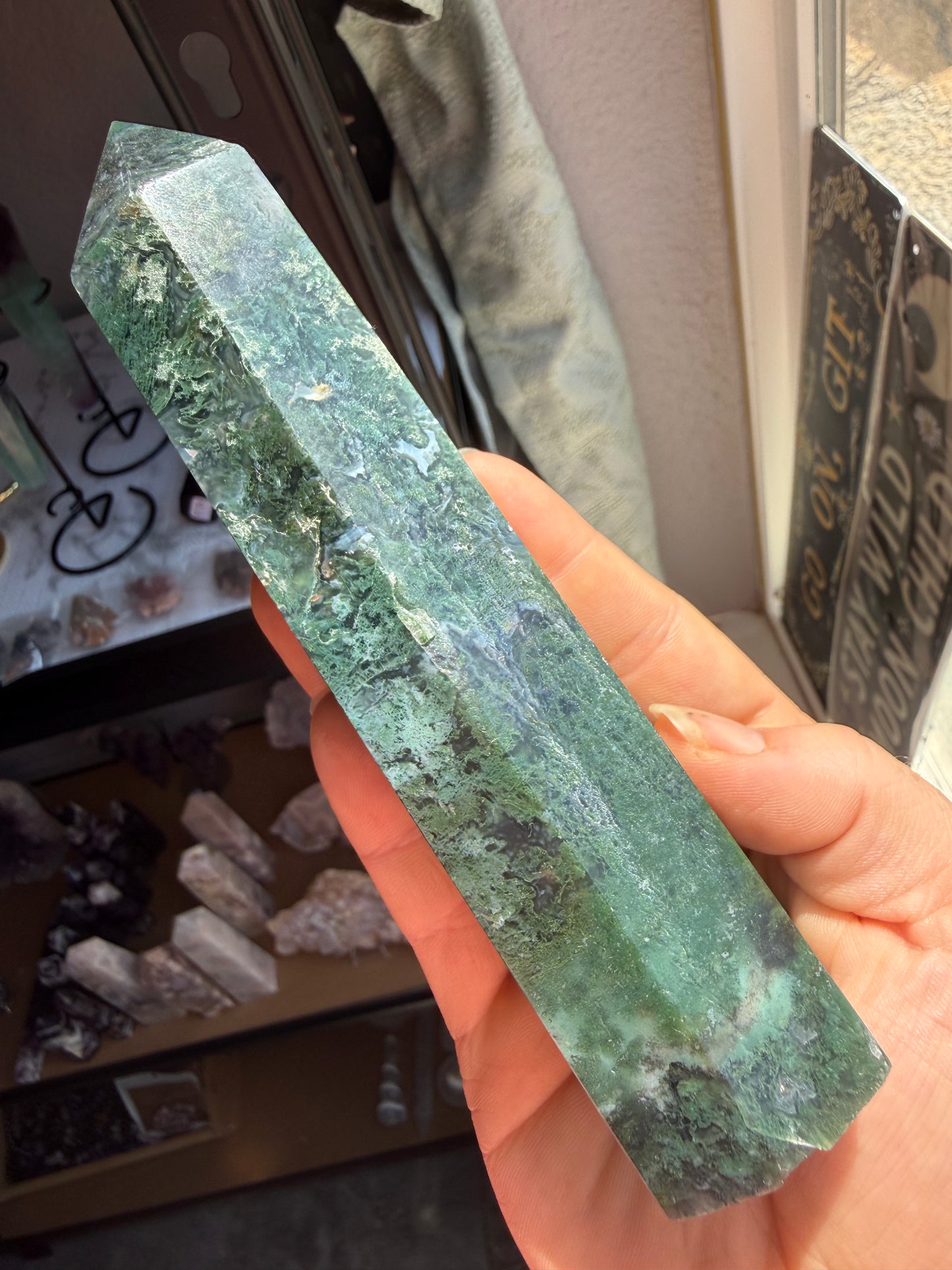 Moss Agate Tower 14.1 oz – Polished Crystal Point for Growth, Grounding & Natural Harmony