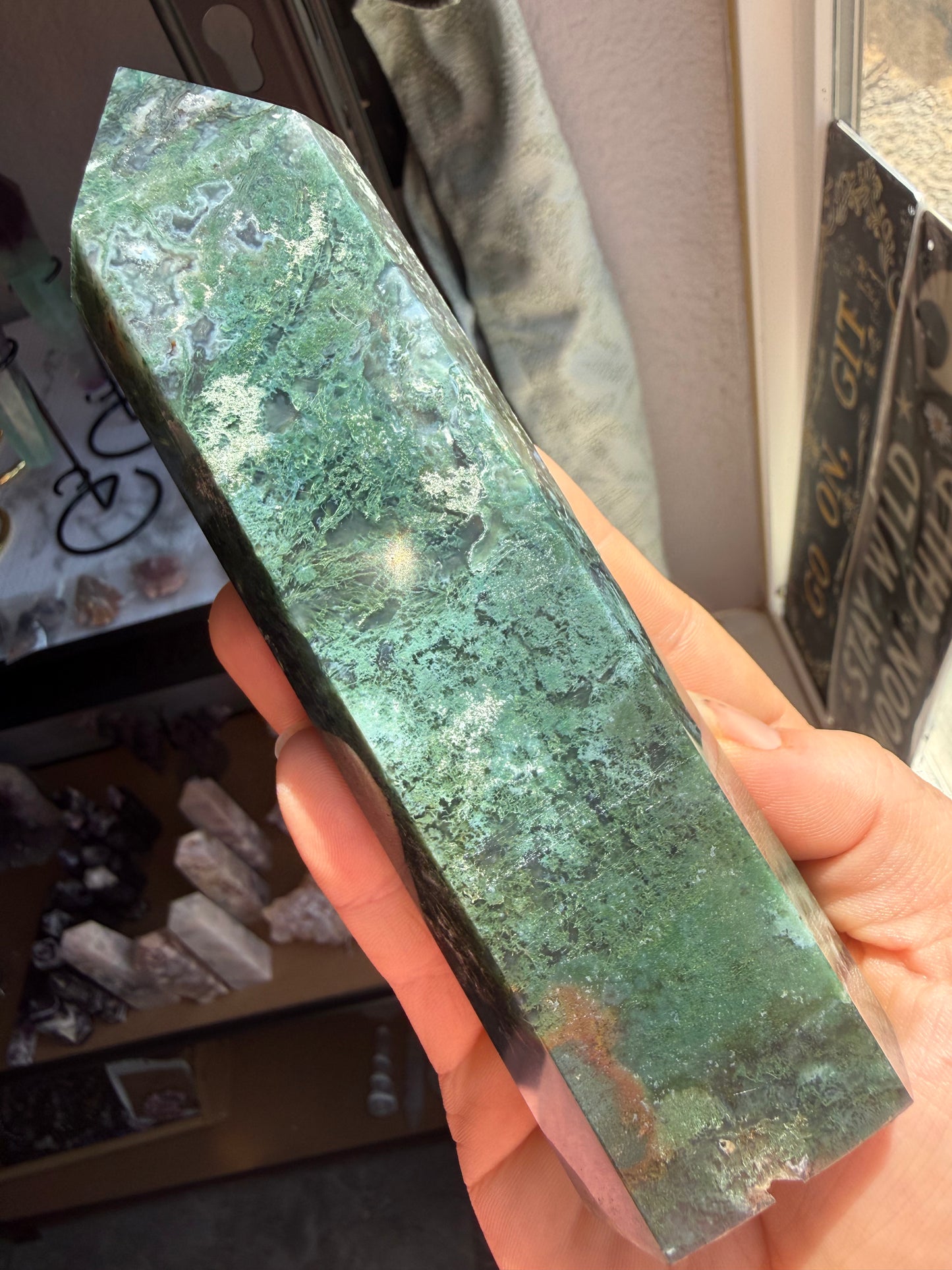 Moss Agate Tower 14.1 oz – Polished Crystal Point for Growth, Grounding & Natural Harmony