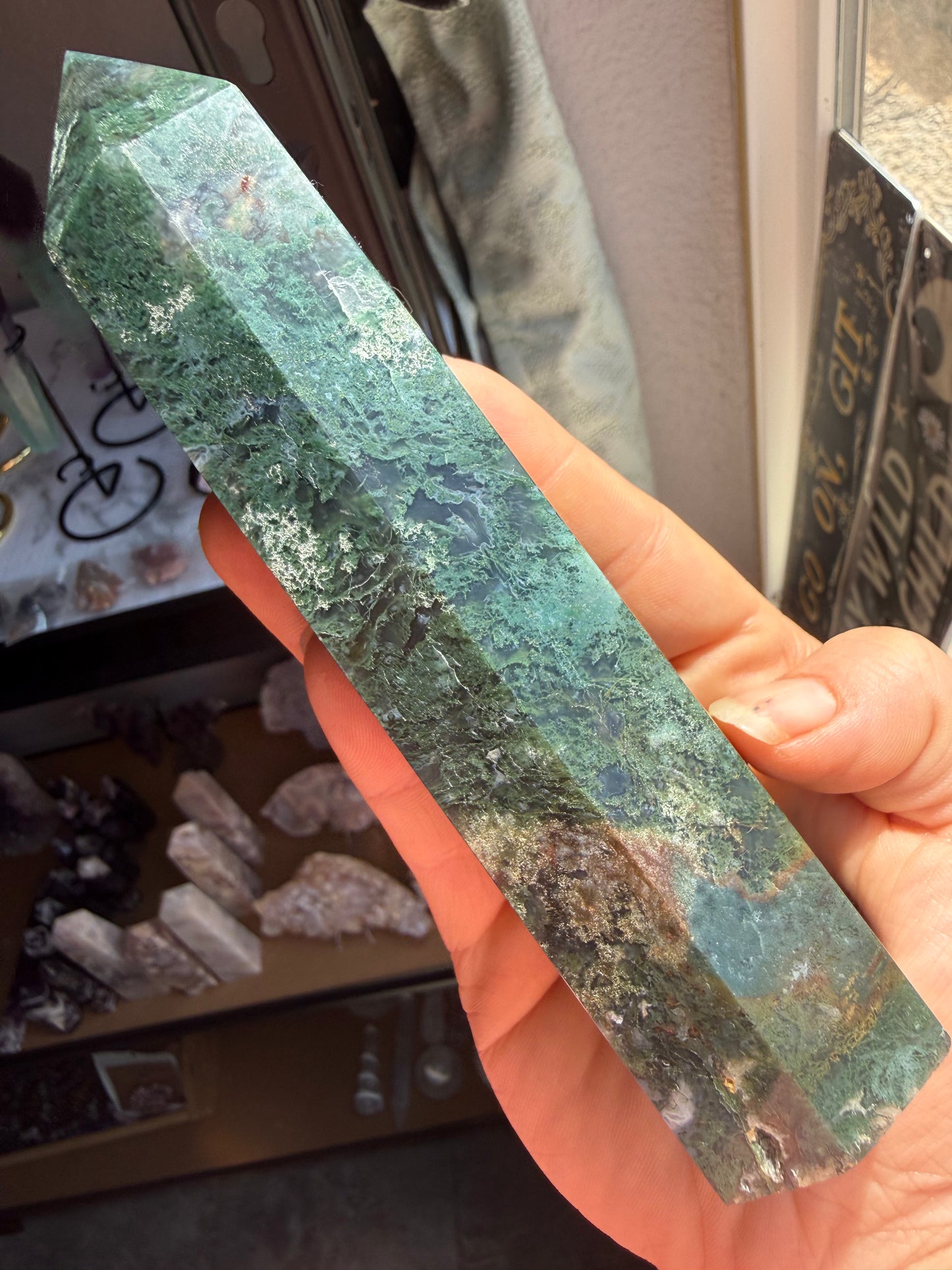 Moss Agate Tower 14.1 oz – Polished Crystal Point for Growth, Grounding & Natural Harmony