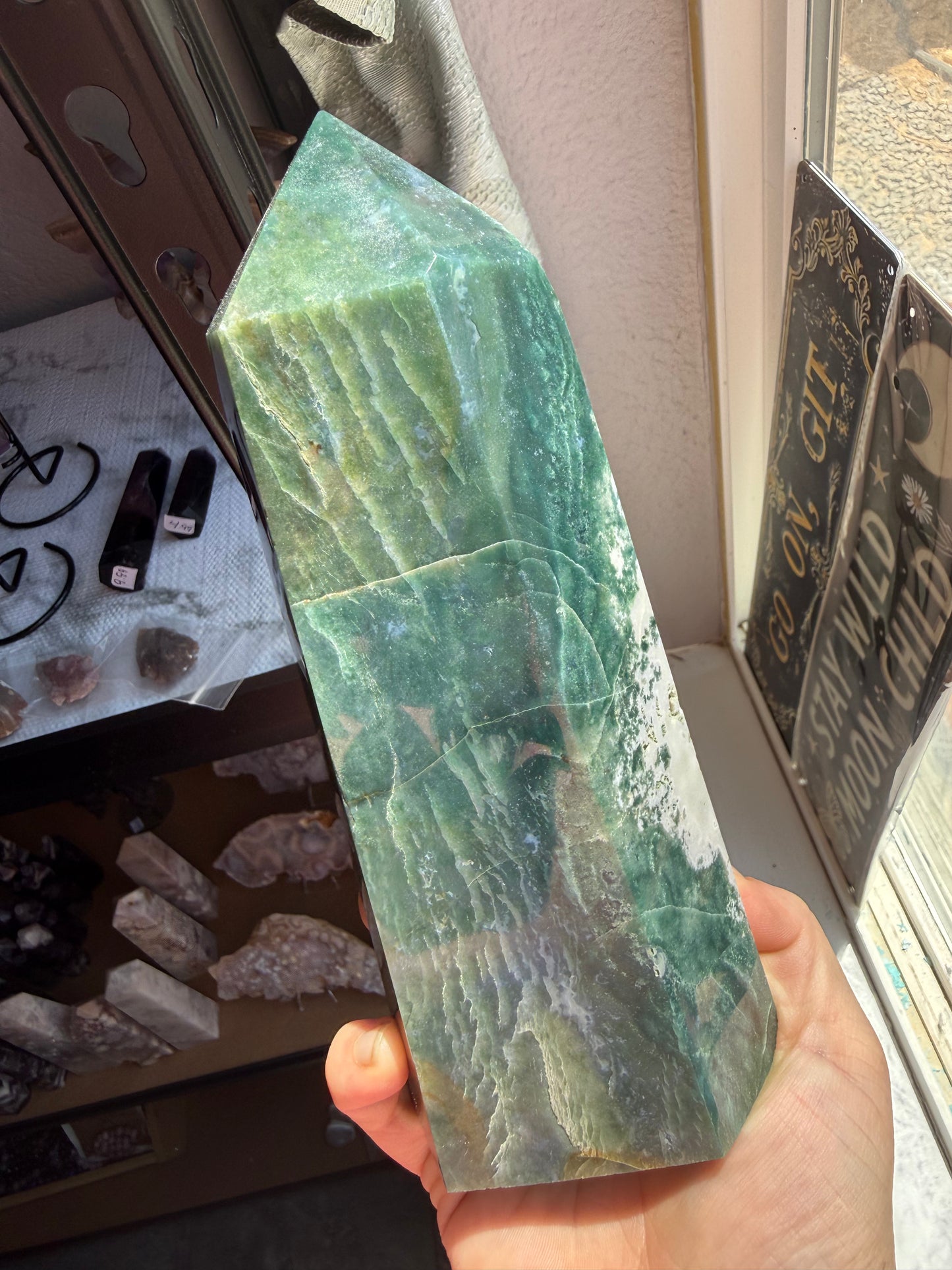 Extra‑Large Moss Agate Tower — 2 lbs 14 oz Polished Crystal Point for Growth, Grounding & Natural Harmony