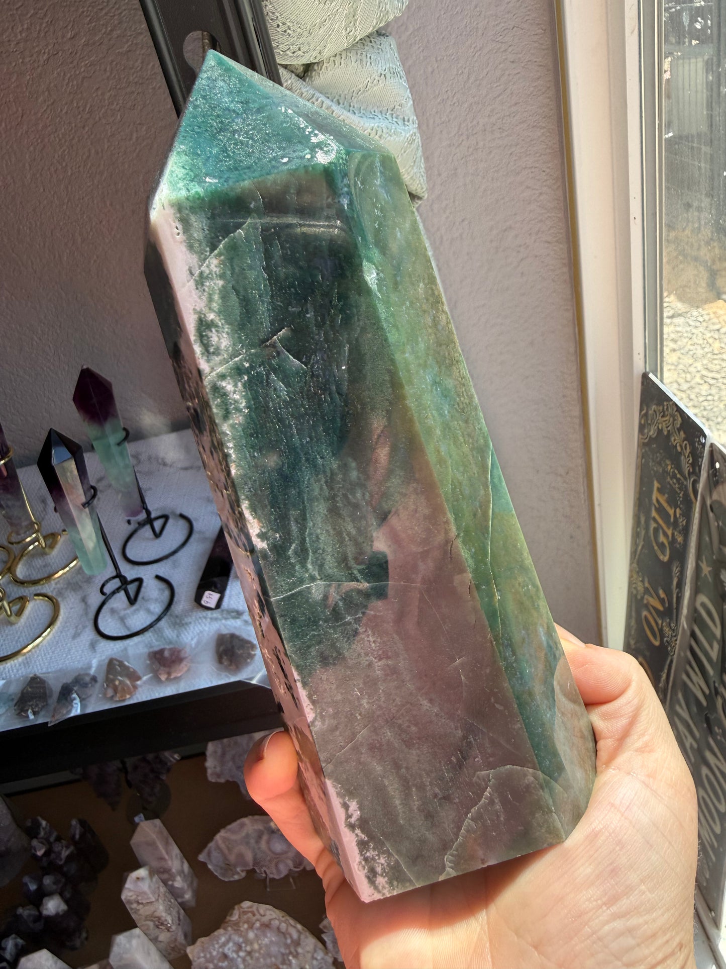 Extra‑Large Moss Agate Tower — 2 lbs 14 oz Polished Crystal Point for Growth, Grounding & Natural Harmony