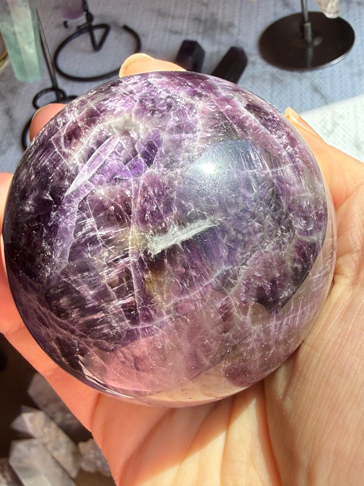Dream Amethyst Sphere 18oz | Polished Chevron Flower Pattern | Mini Healing Crystal