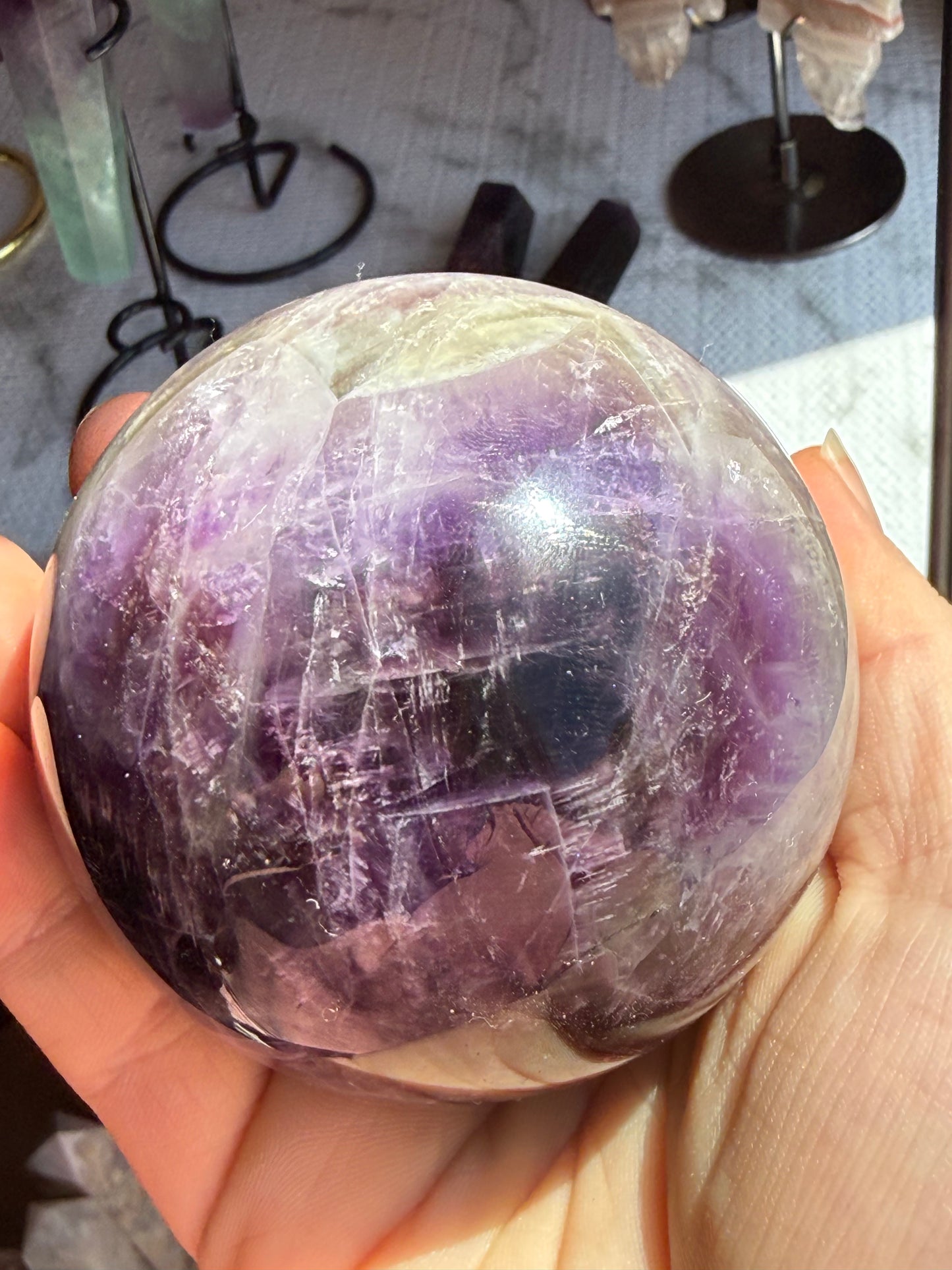 Dream Amethyst Sphere 18oz | Polished Chevron Flower Pattern | Mini Healing Crystal
