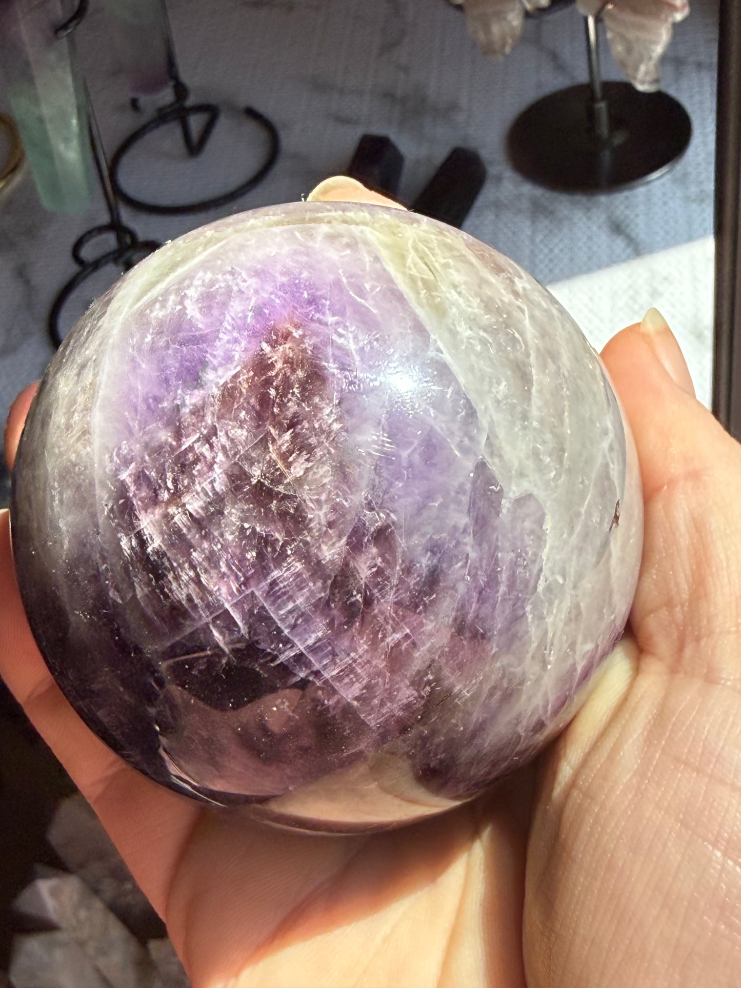Dream Amethyst Sphere 18oz | Polished Chevron Flower Pattern | Mini Healing Crystal