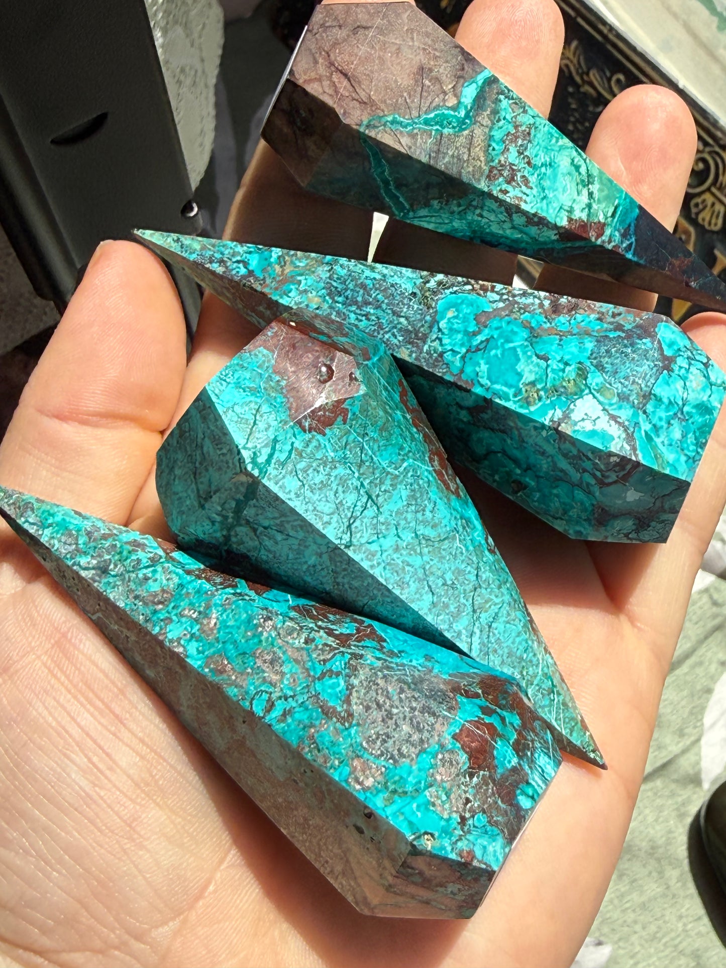 Turquoise & Hematite Crystal Tower 2–2.9 oz – Polished Statement Point for Grounding, Protection & Metallic Strength