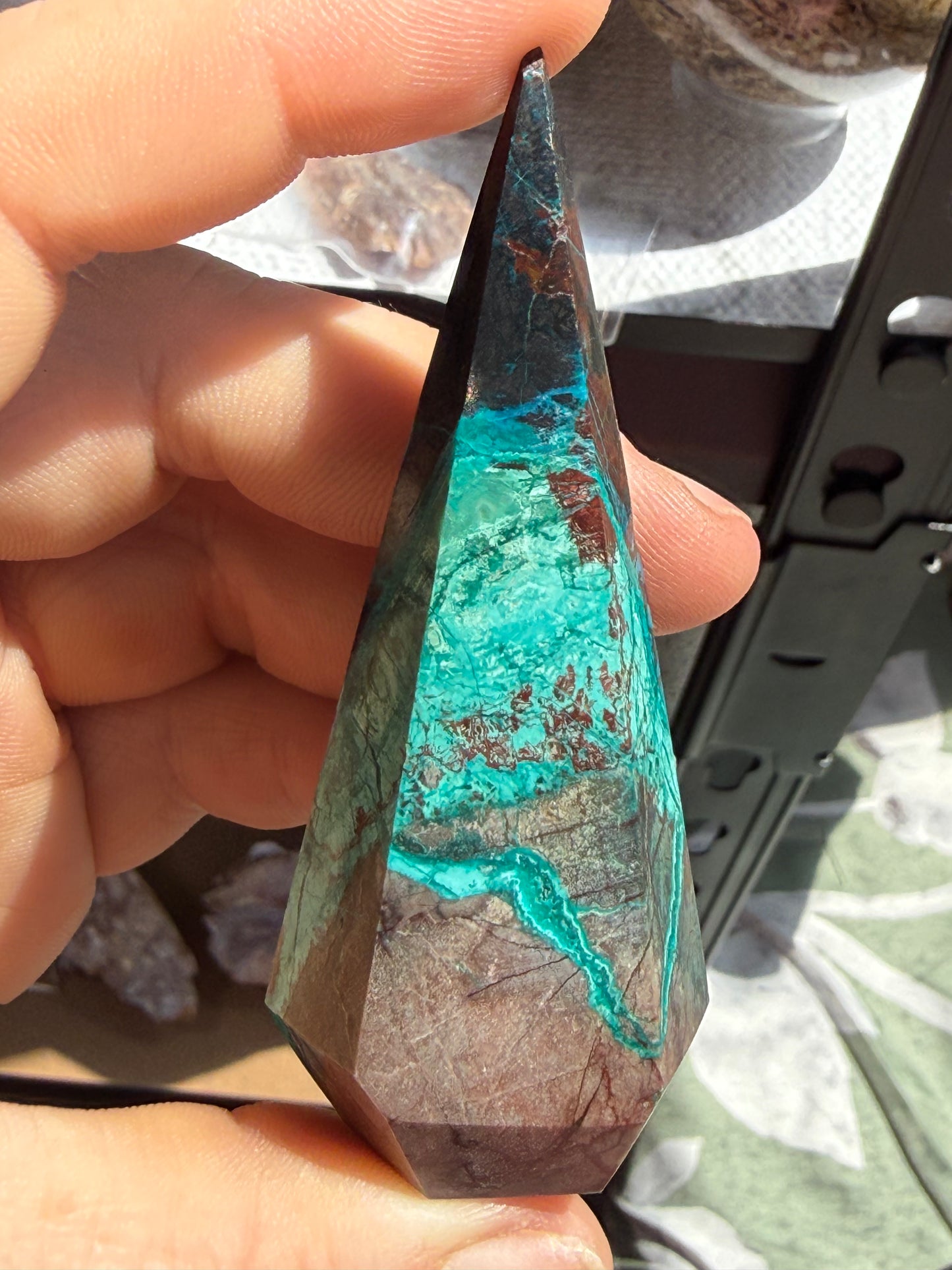 Turquoise & Hematite Crystal Tower 2–2.9 oz – Polished Statement Point for Grounding, Protection & Metallic Strength