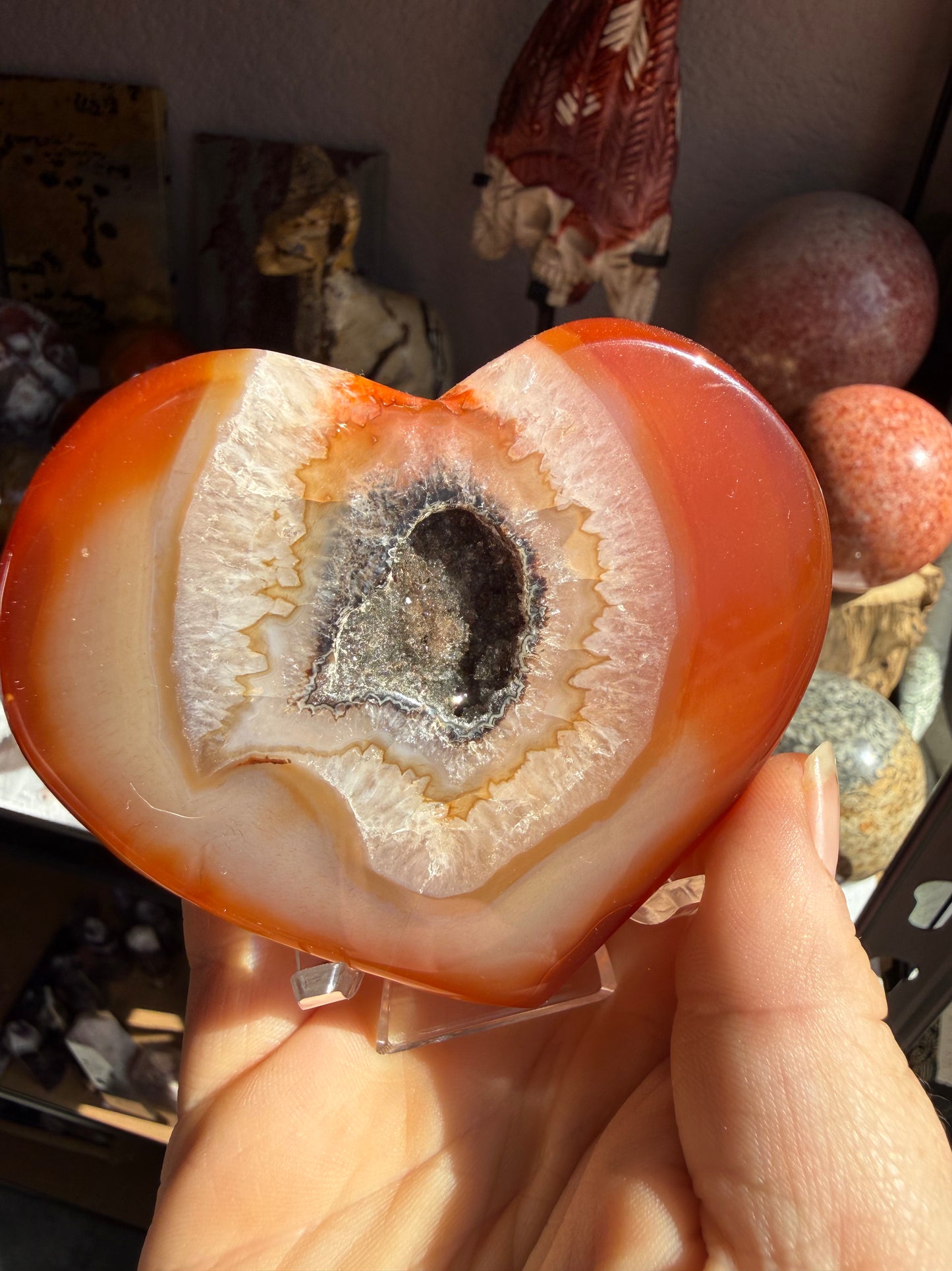 Carnelian Geode Heart 4.4 oz – Fiery Orange Crystal with Sparkling Druzy for Vitality & Creativity