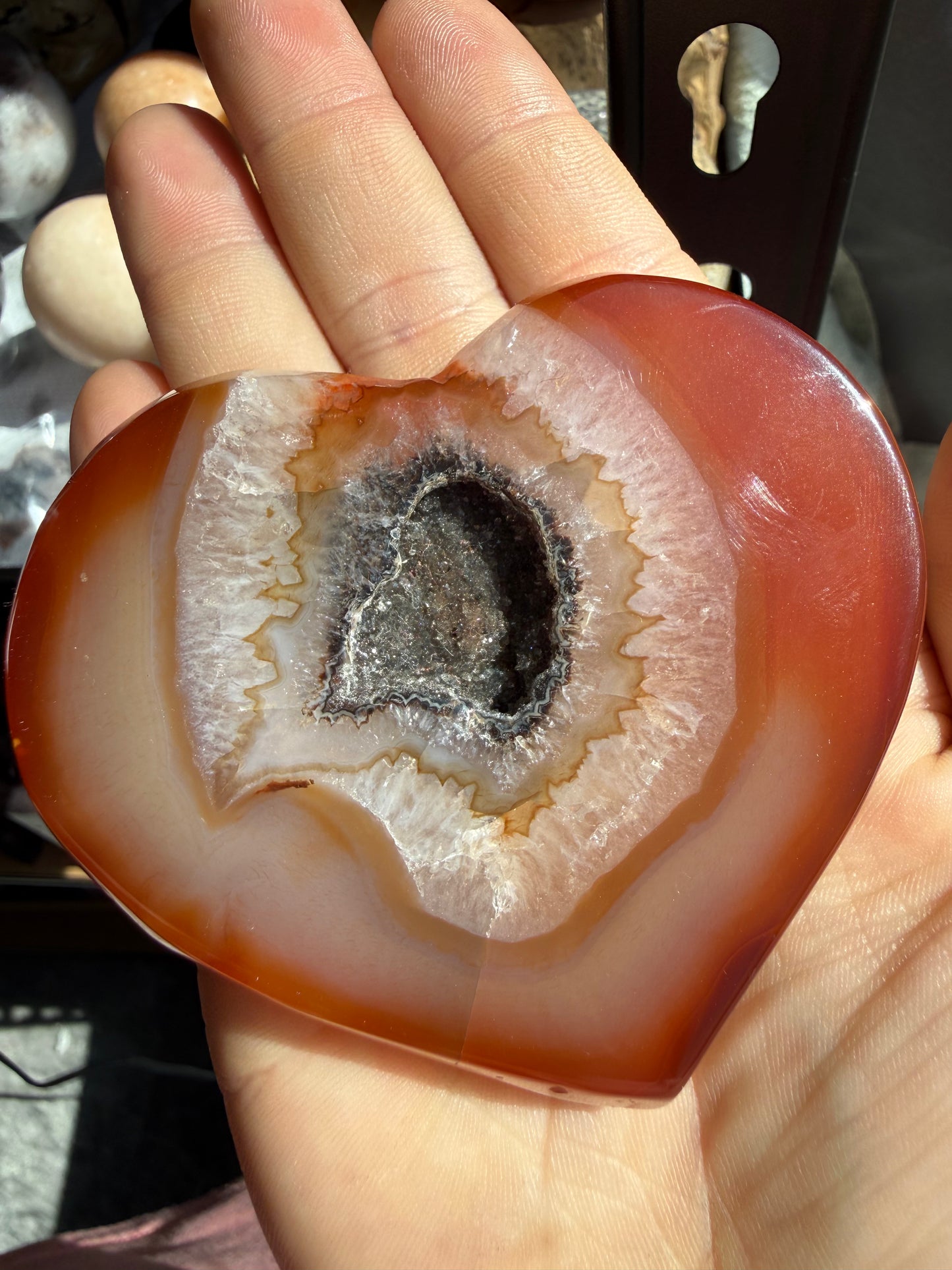 Carnelian Geode Heart 4.4 oz – Fiery Orange Crystal with Sparkling Druzy for Vitality & Creativity