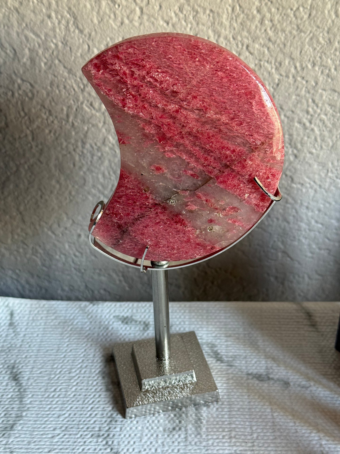 Rhodonite Moon on Stand — Heart Healing • Compassion • Grounded Love