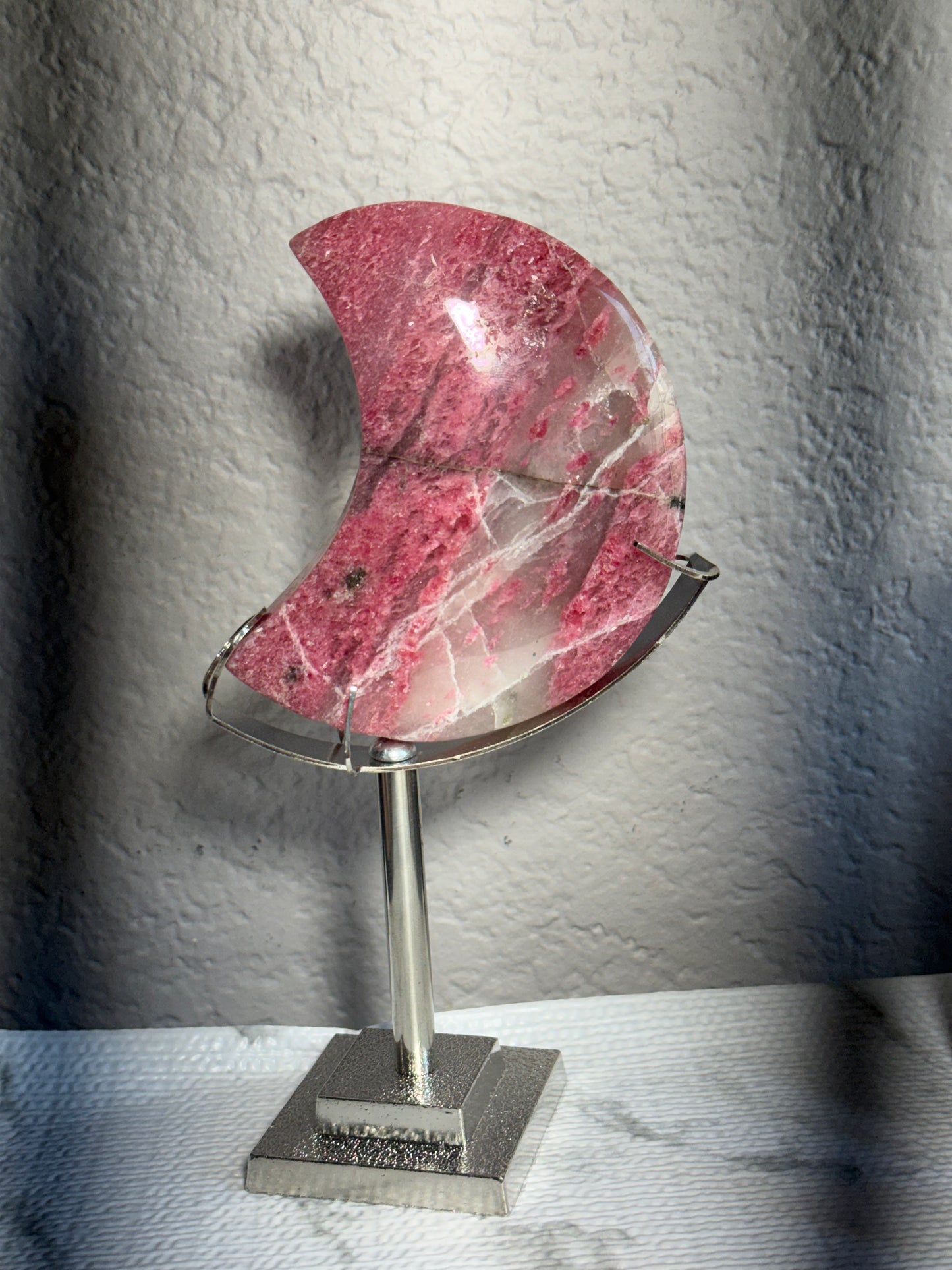 Rhodonite Moon on Stand — Heart Healing • Compassion • Grounded Love