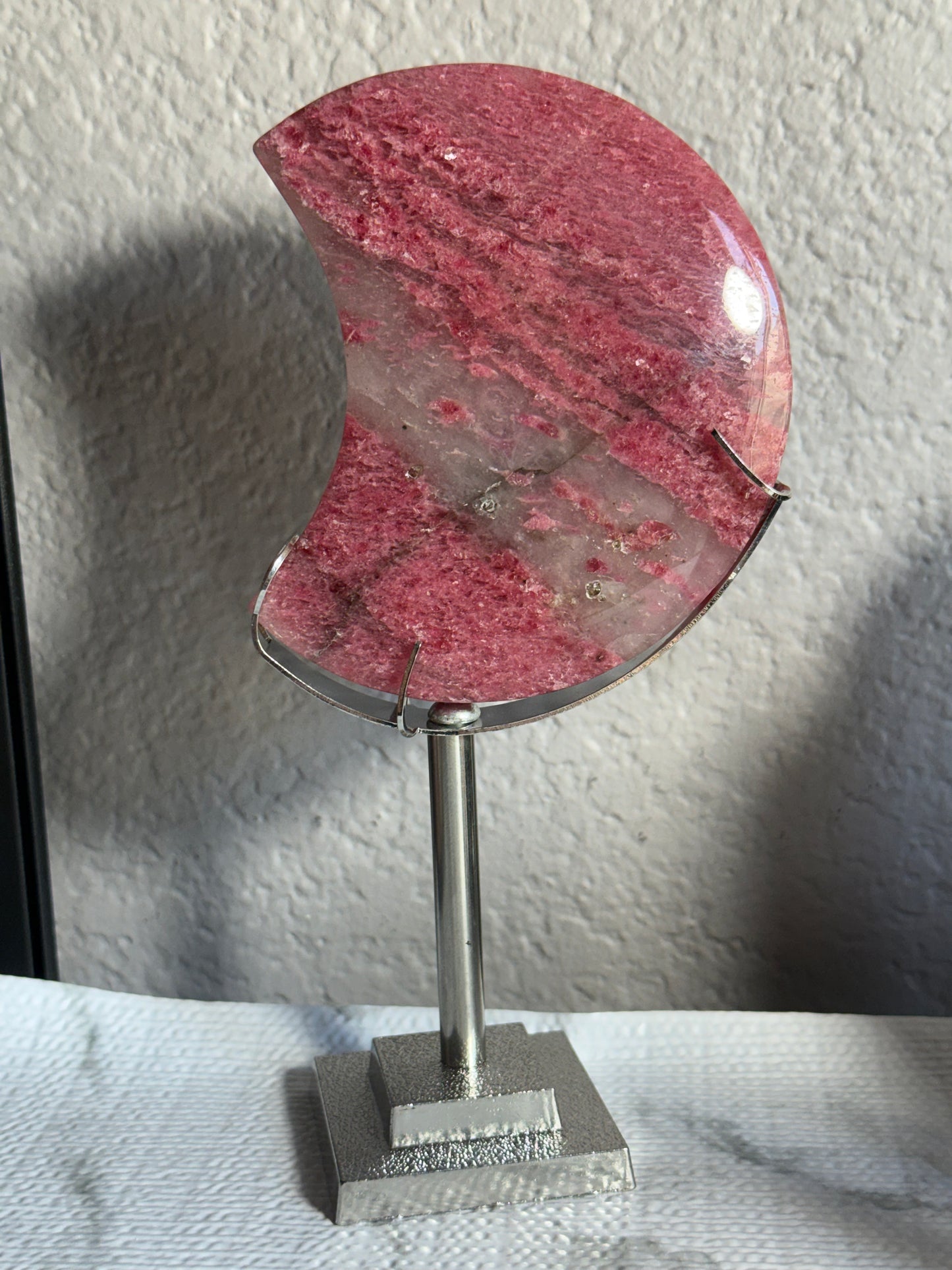 Rhodonite Moon on Stand — Heart Healing • Compassion • Grounded Love