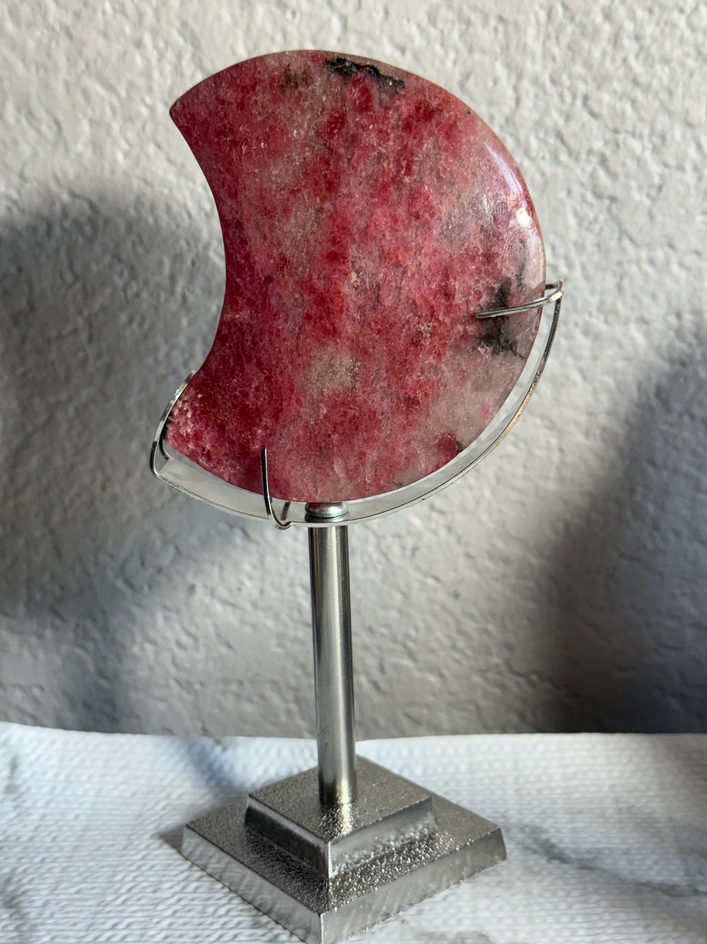Rhodonite Moon on Stand — Heart Healing • Compassion • Grounded Love