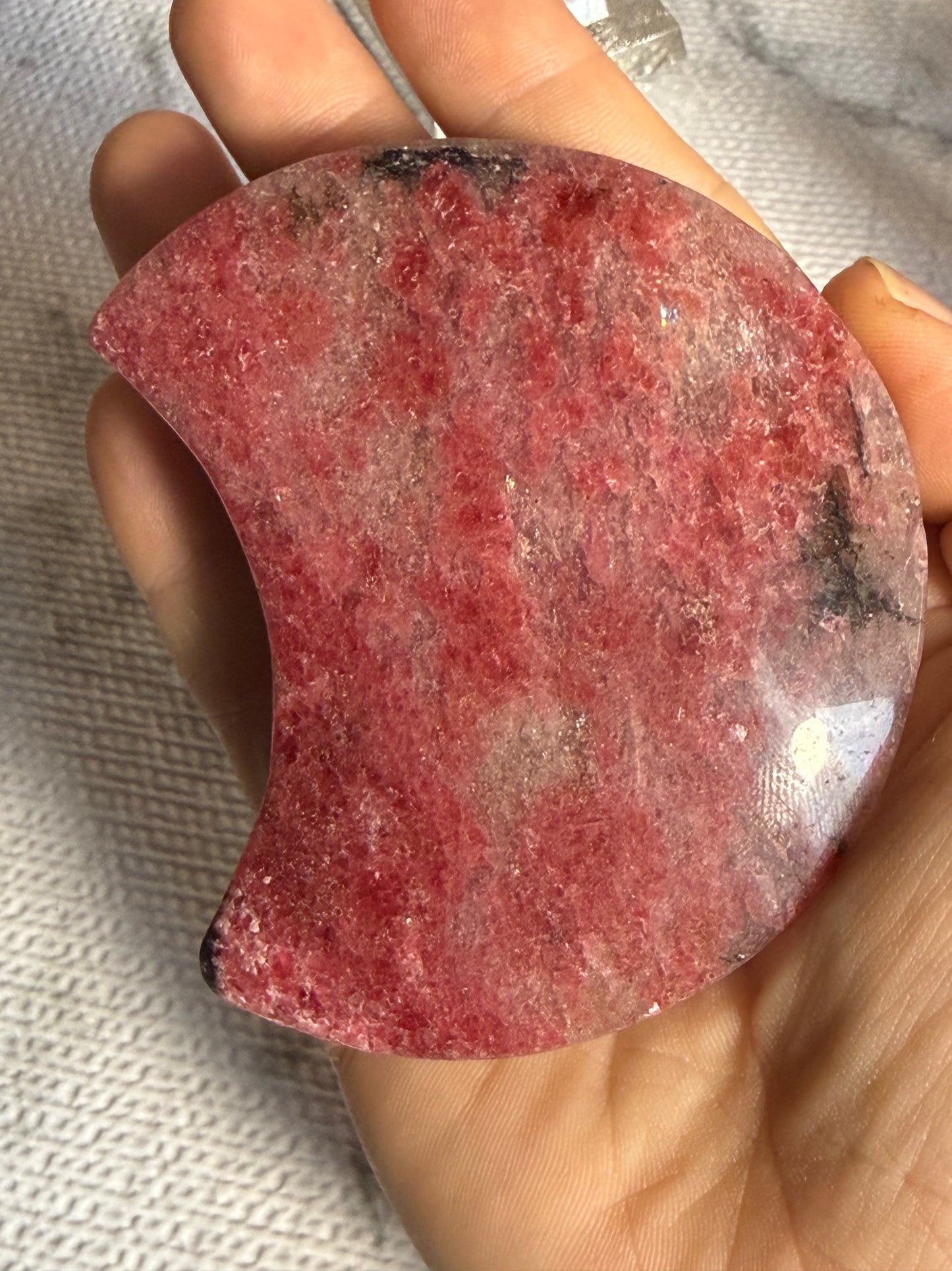 Rhodonite Moon on Stand — Heart Healing • Compassion • Grounded Love