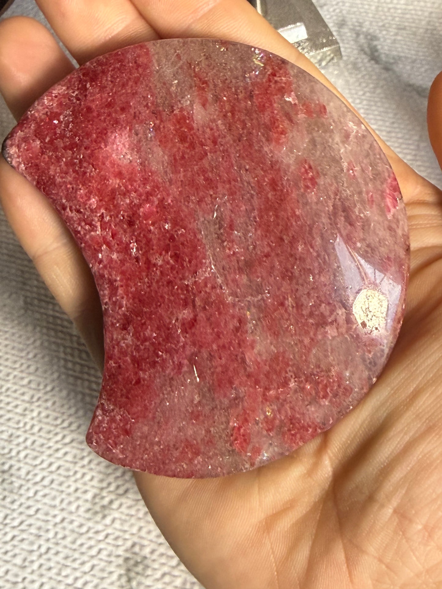 Rhodonite Moon on Stand — Heart Healing • Compassion • Grounded Love