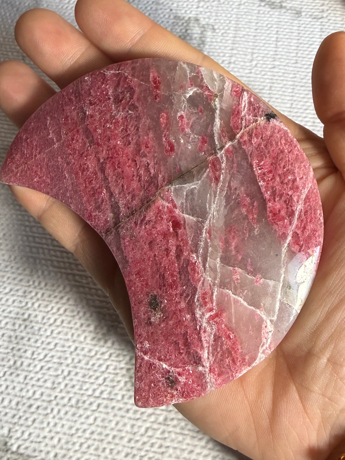 Rhodonite Moon on Stand — Heart Healing • Compassion • Grounded Love