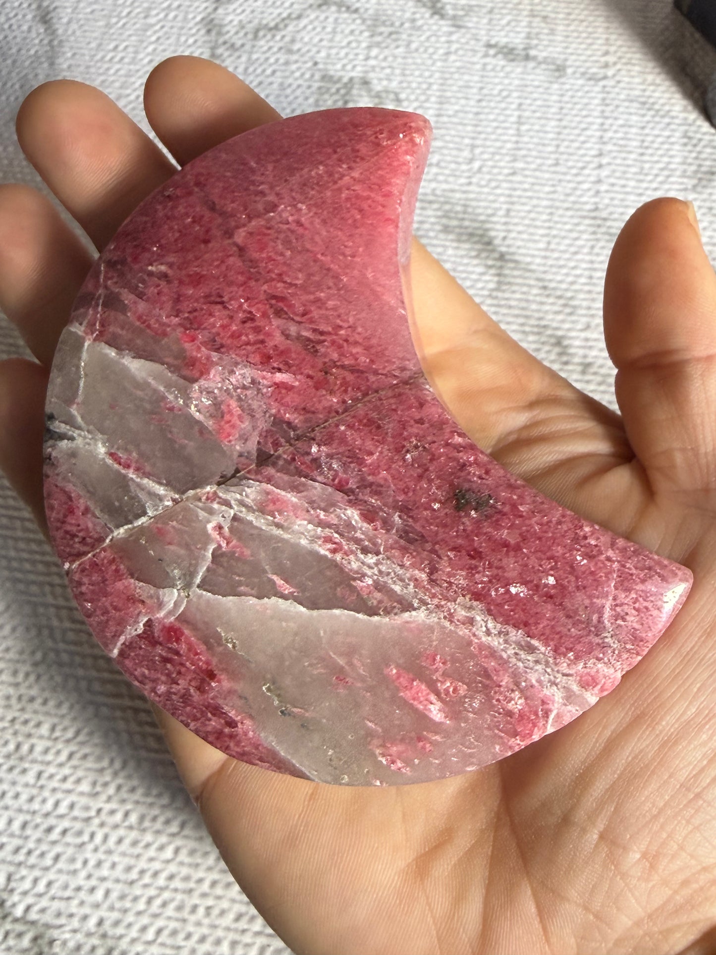 Rhodonite Moon on Stand — Heart Healing • Compassion • Grounded Love
