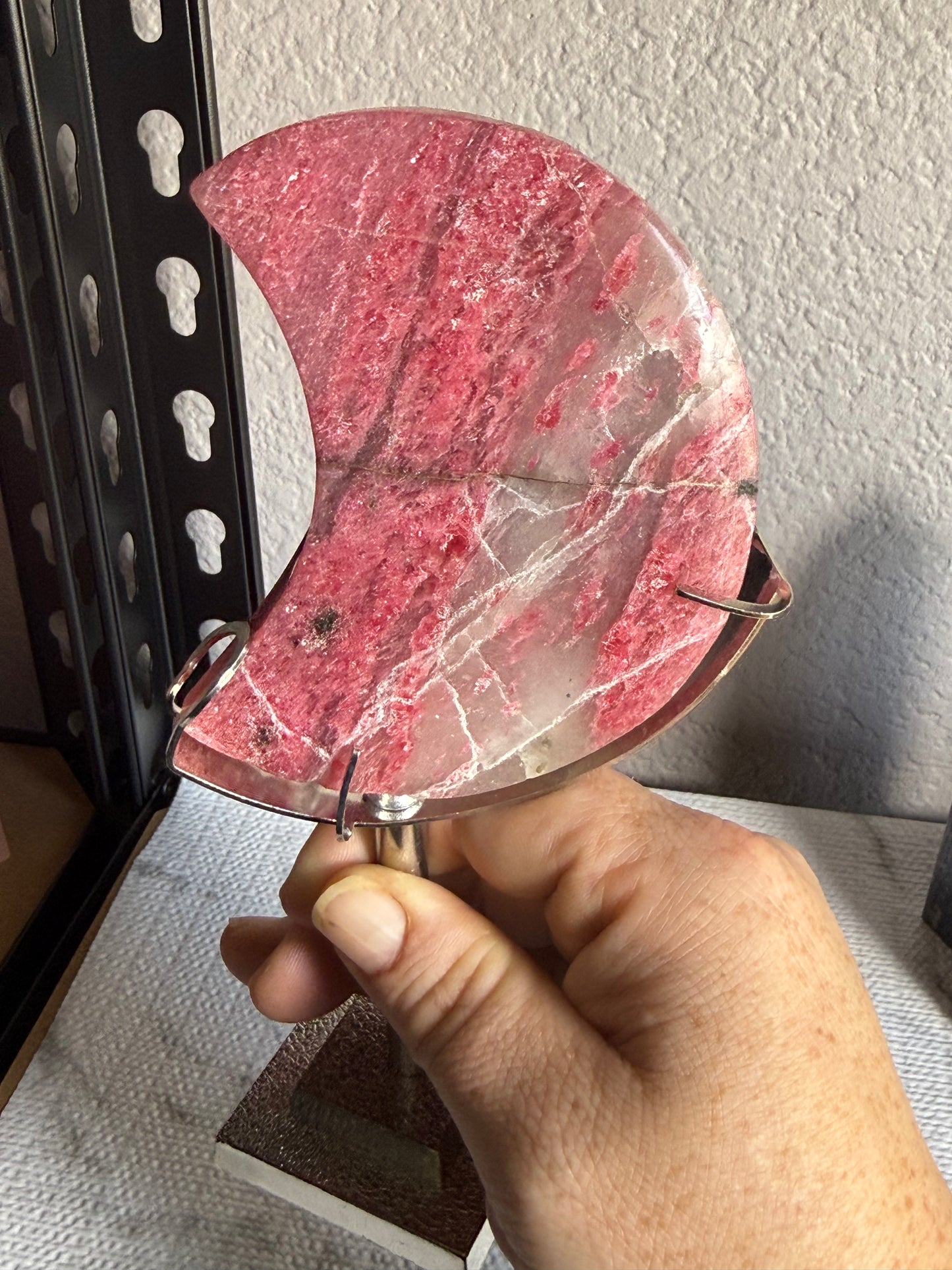 Rhodonite Moon on Stand — Heart Healing • Compassion • Grounded Love