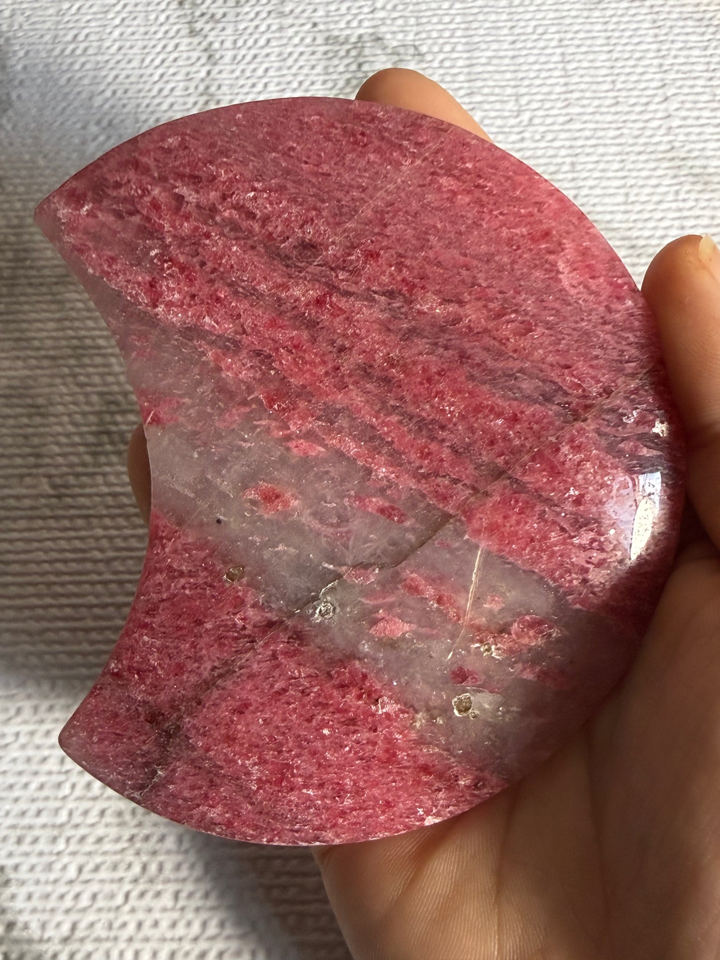 Rhodonite Moon on Stand — Heart Healing • Compassion • Grounded Love