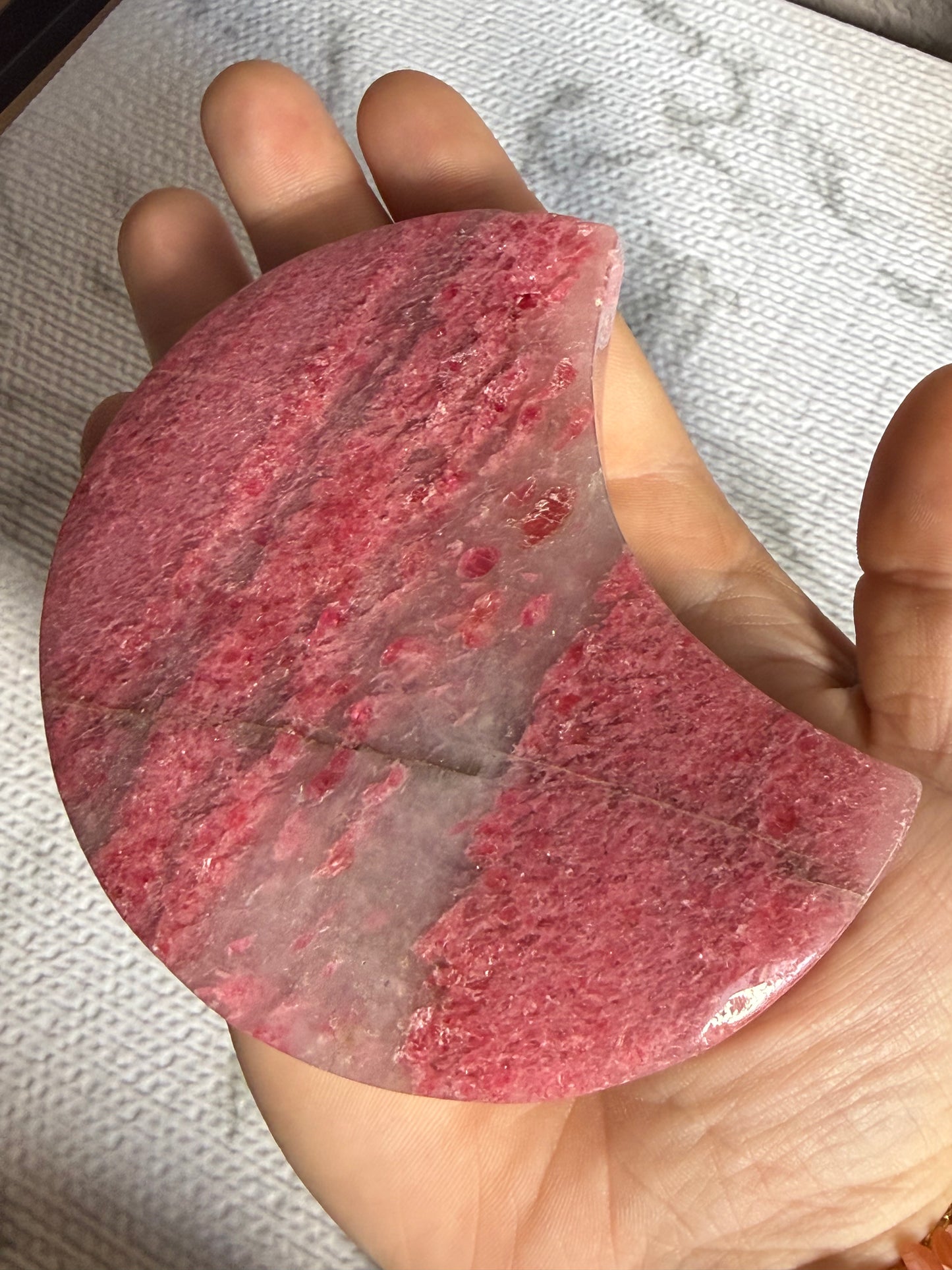 Rhodonite Moon on Stand — Heart Healing • Compassion • Grounded Love
