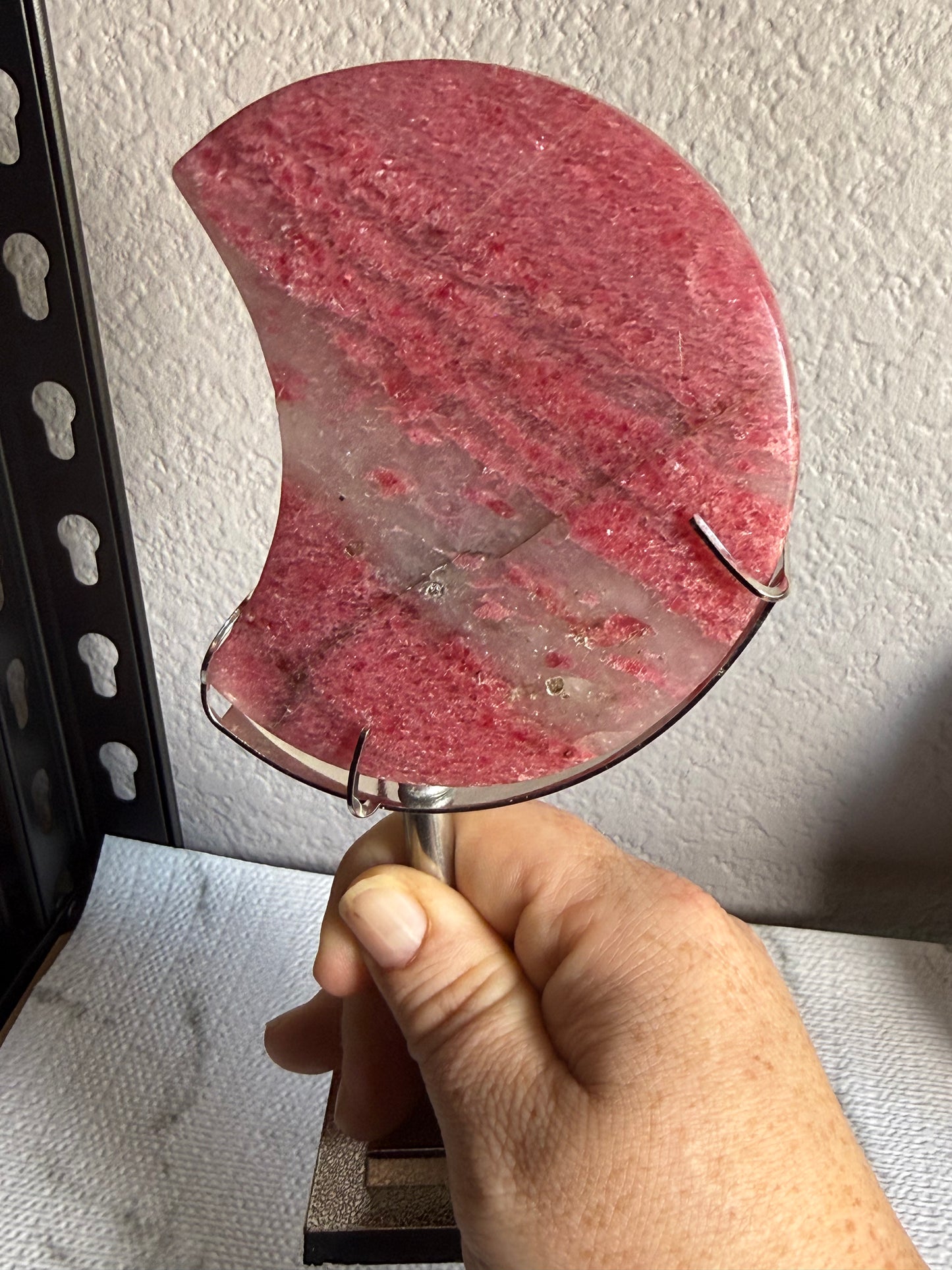 Rhodonite Moon on Stand — Heart Healing • Compassion • Grounded Love