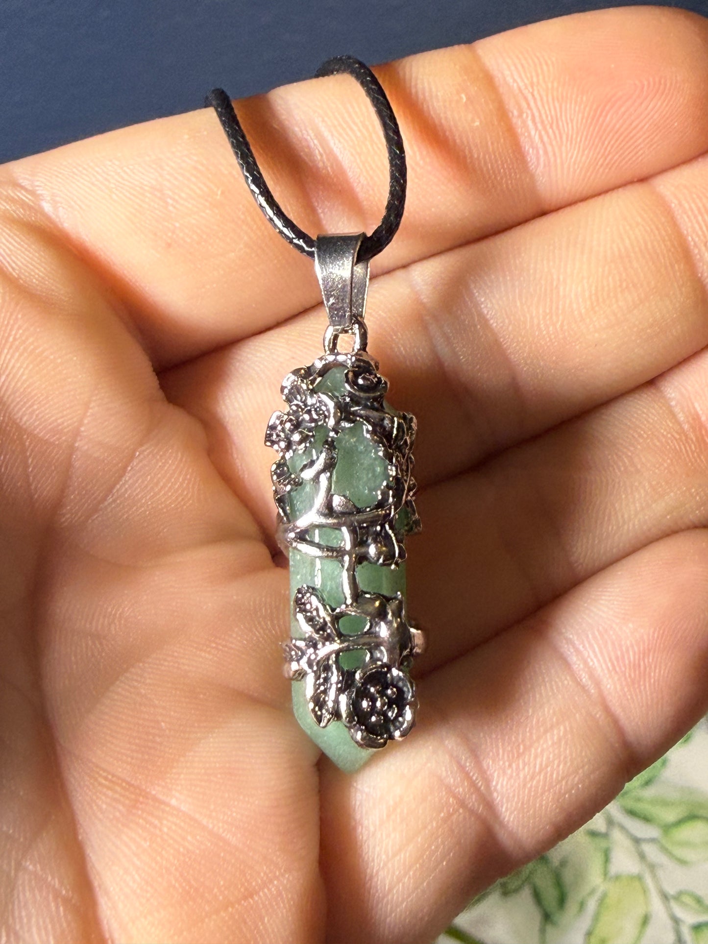 Rose‑Wrapped Stone Pendant Necklaces — Assorted Stones