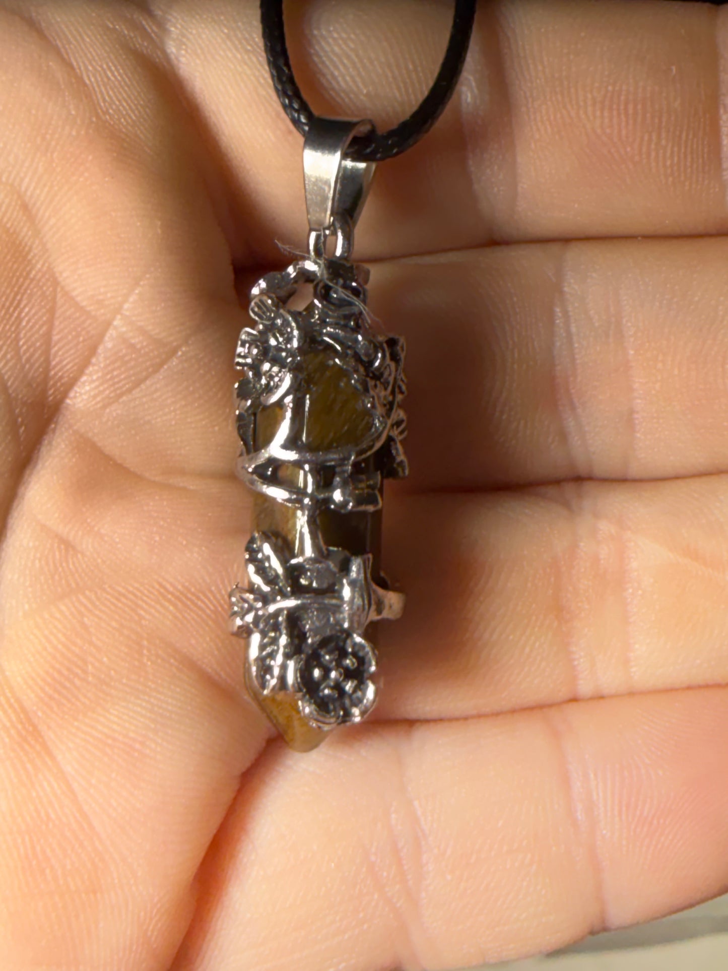 Rose‑Wrapped Stone Pendant Necklaces — Assorted Stones