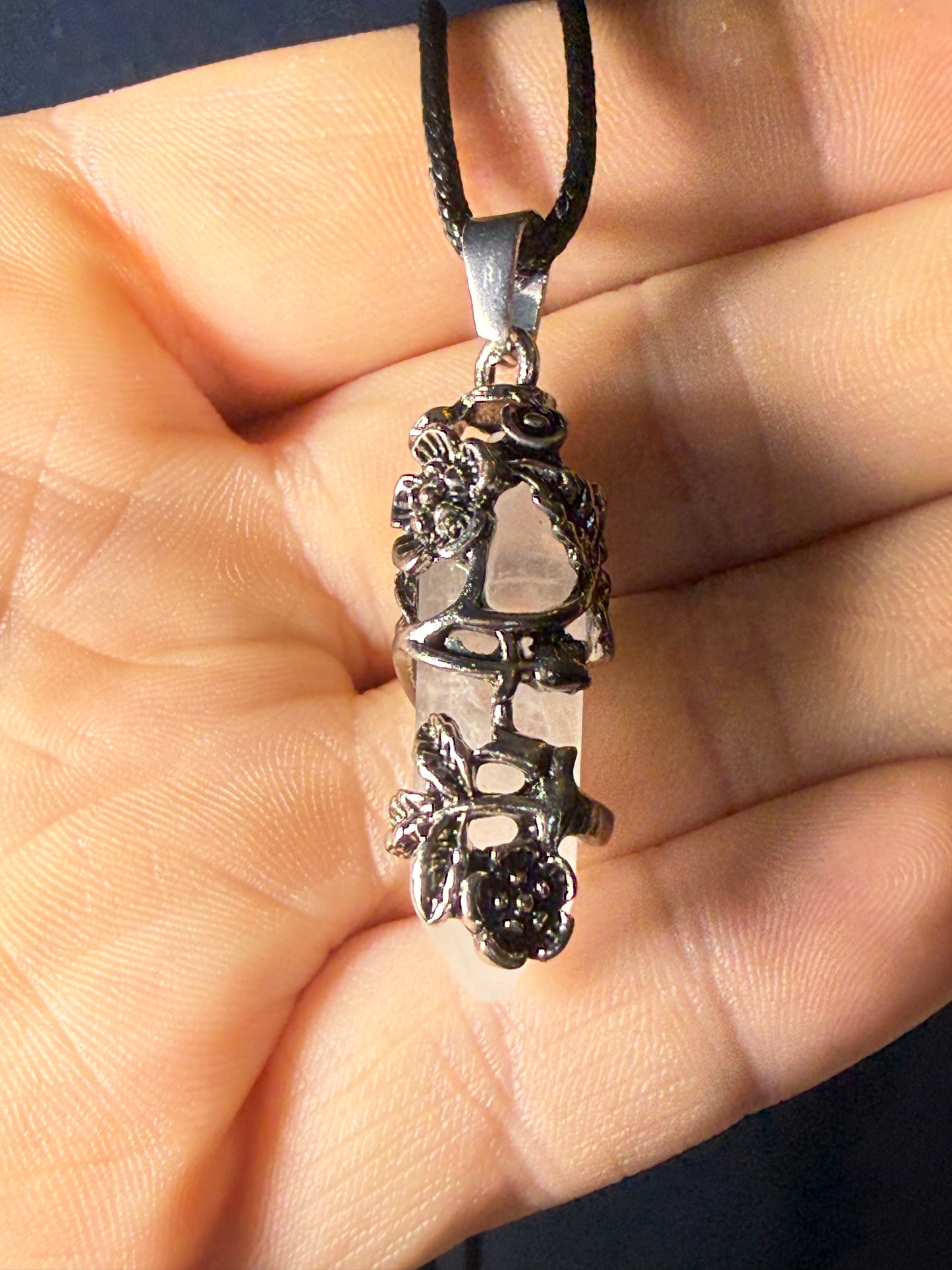 Rose‑Wrapped Stone Pendant Necklaces — Assorted Stones