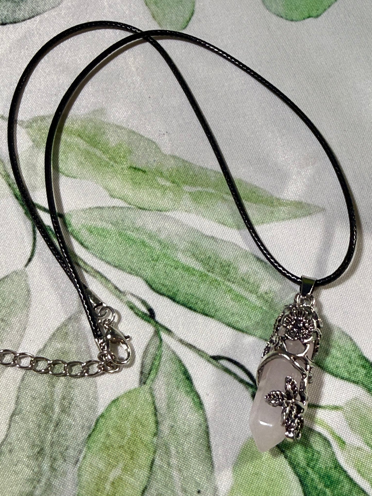 Rose‑Wrapped Stone Pendant Necklaces — Assorted Stones