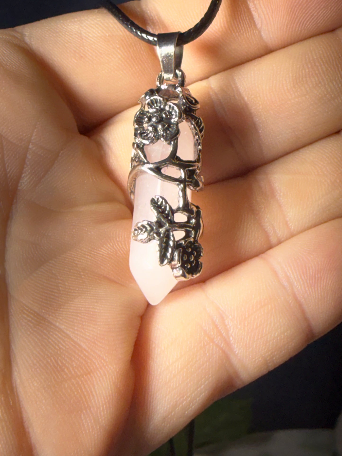 Rose‑Wrapped Stone Pendant Necklaces — Assorted Stones
