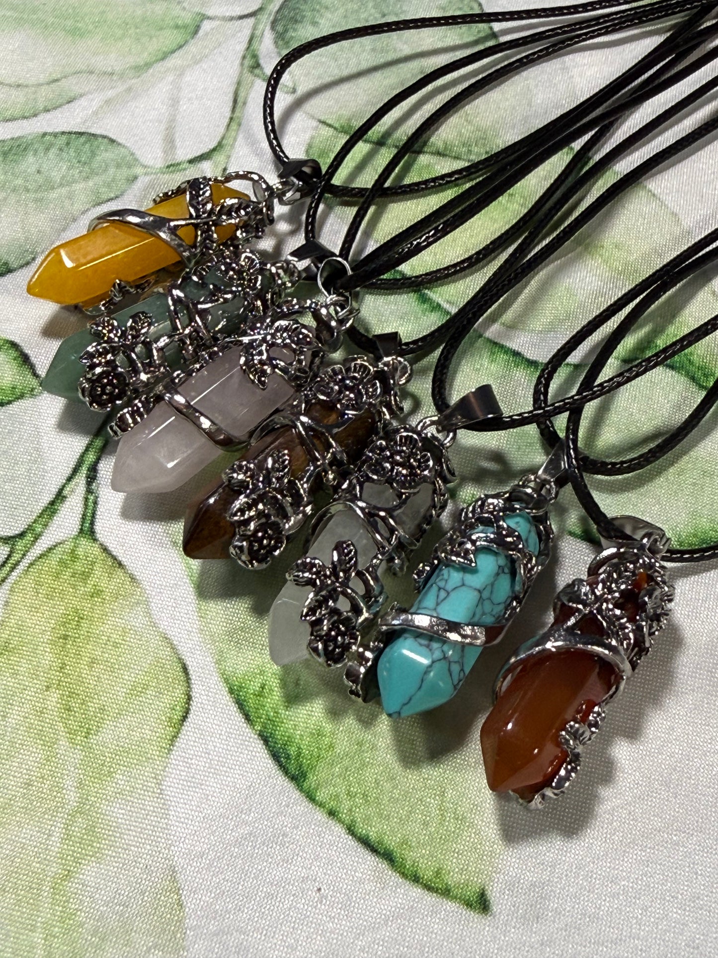 Rose‑Wrapped Stone Pendant Necklaces — Assorted Stones