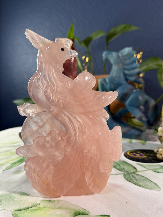 Rose Quartz Phoenix Carving • 1.55 lbs • Rainbows, Golden Healer inclusions, and Star‑Flash