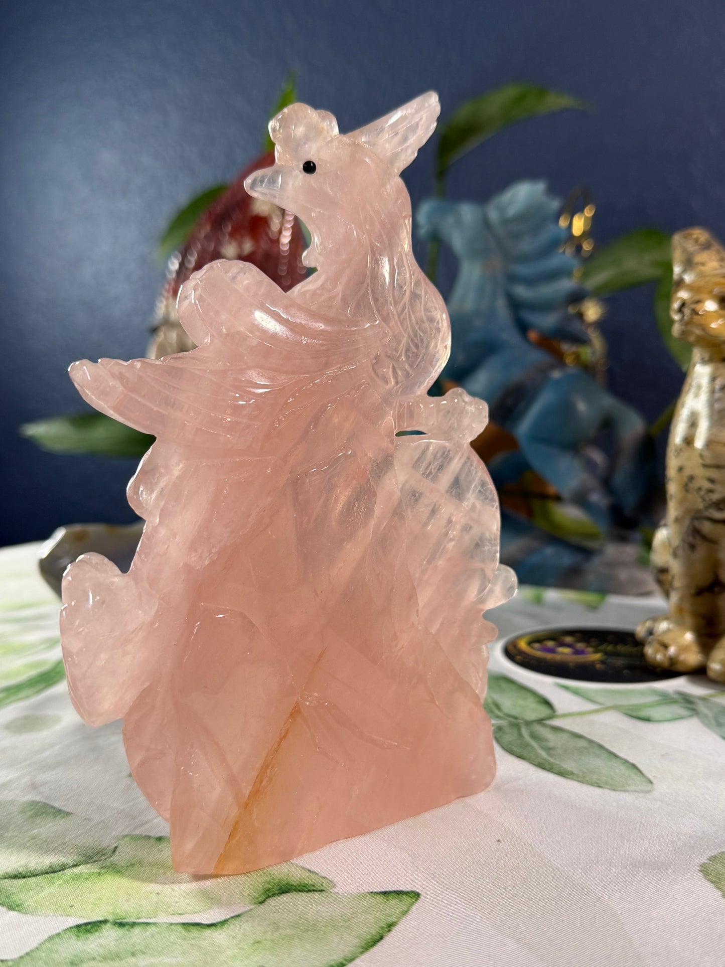 Rose Quartz Phoenix Carving • 1.55 lbs • Rainbows, Golden Healer inclusions, and Star‑Flash