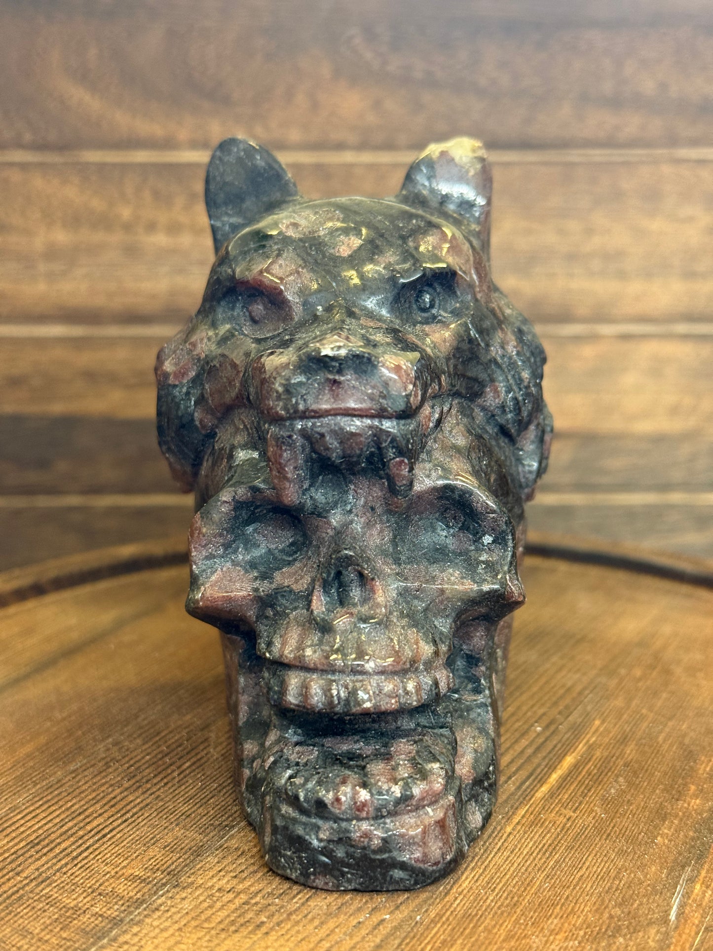 Garnet Wolf Head & Skull Carving — Strength • Protection • Transformation