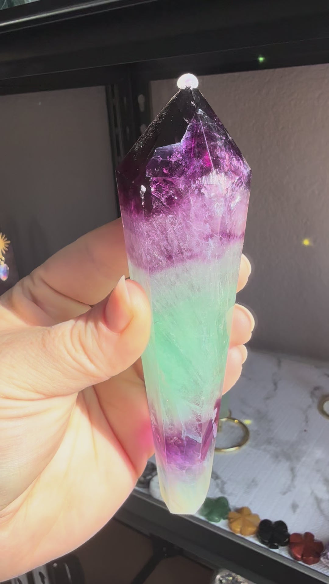 Watermelon Fluorite Tower With Stand| Medium Purple‑Green Gradient | Natural Polished Crystal Point