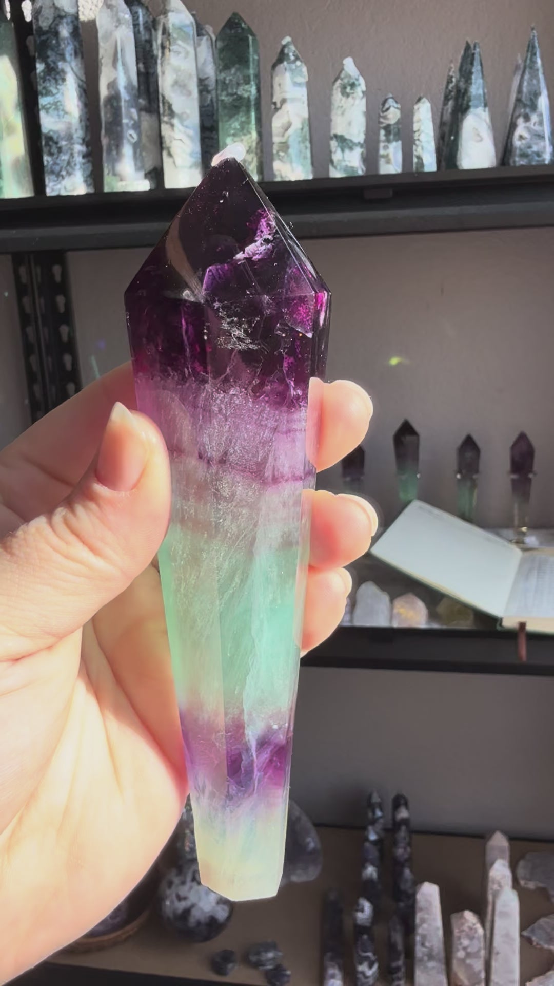 Watermelon Fluorite Tower With Stand| Large Polished Crystal Point | Purple‑Green Chevron Bands | Statement Display Piece