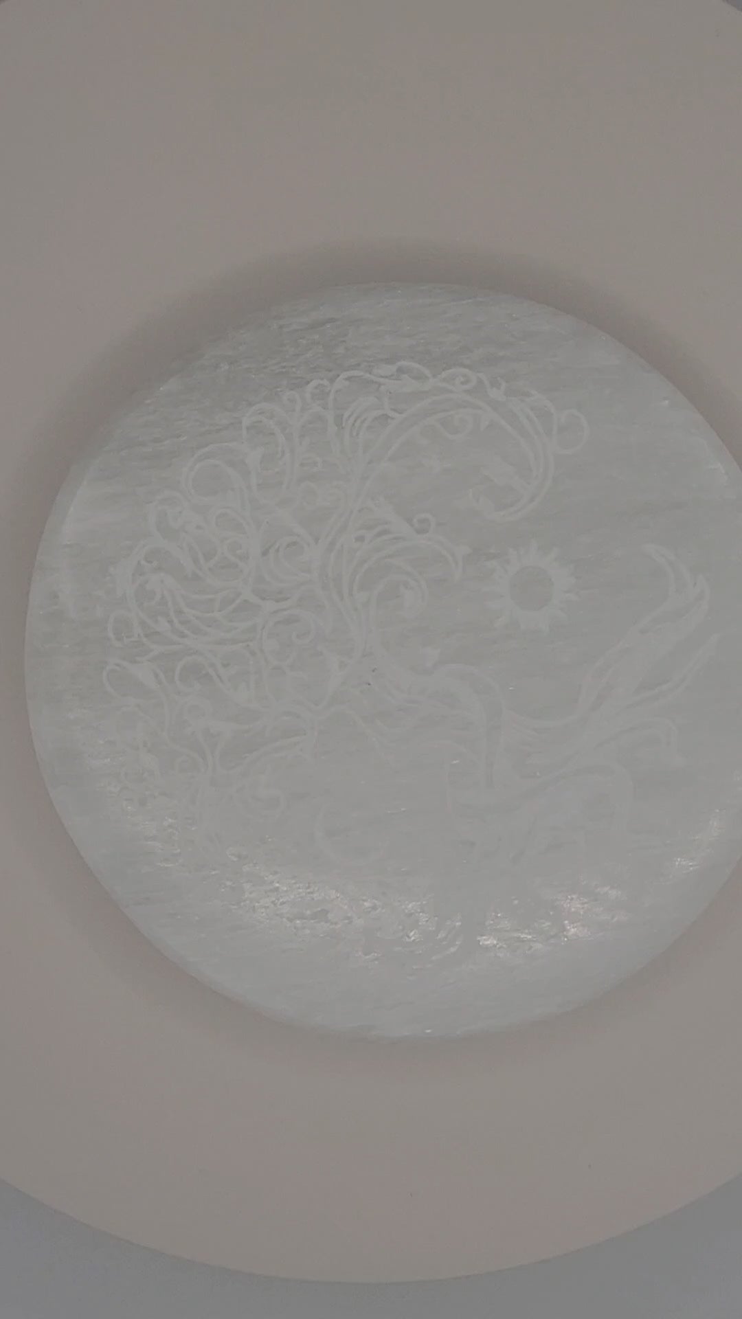 Selenite Charging Plate with Tree Engraving – Cleansing Crystal for Renewal, Harmony & Energy Reset
