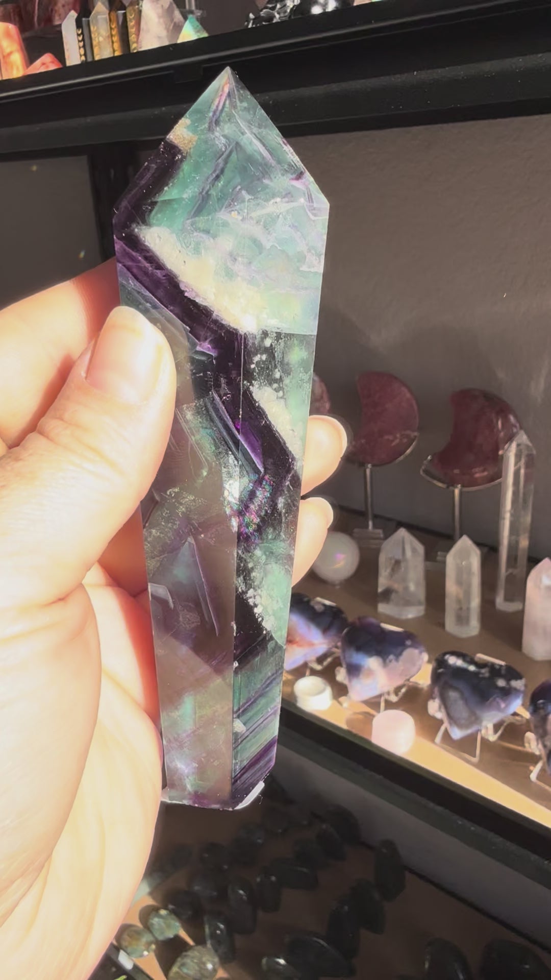 Feather Fluorite Tower With Stand| Large Polished Crystal Point | Green‑Purple Gradient | Statement Display Piece