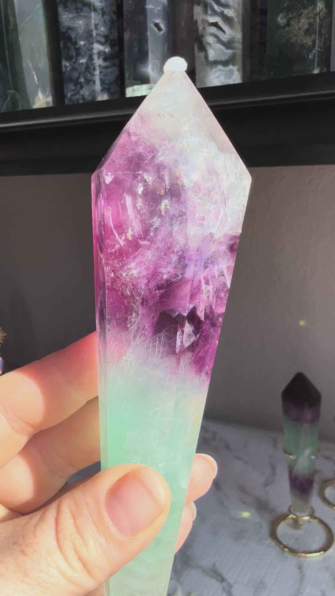 Watermelon Fluorite Tower With Stand| Medium Purple‑Green Gradient | Natural Polished Crystal Point