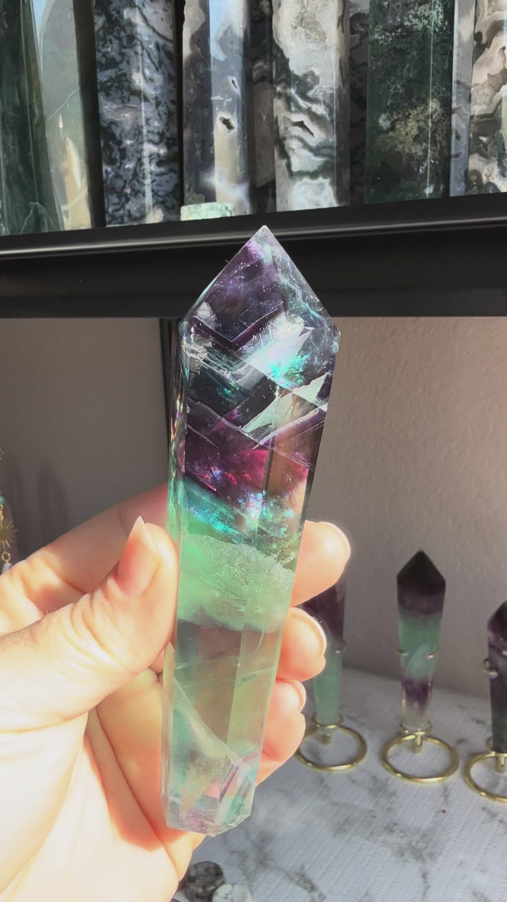 Feather Fluorite Tower Medium With Stand– Polished Green‑Purple Crystal Point | Healing Stone for Clarity & Focus