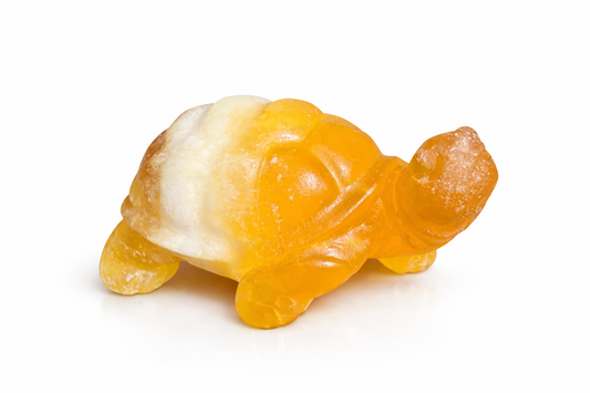 Orange Calcite Turtle Carving – Polished Mini Crystal Turtle with White Vein Pocket