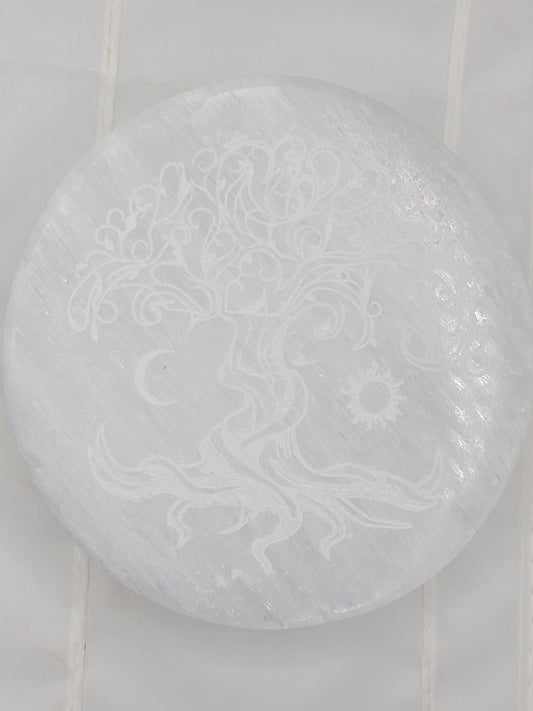 Selenite Charging Plate with Tree Engraving – Cleansing Crystal for Renewal, Harmony & Energy Reset