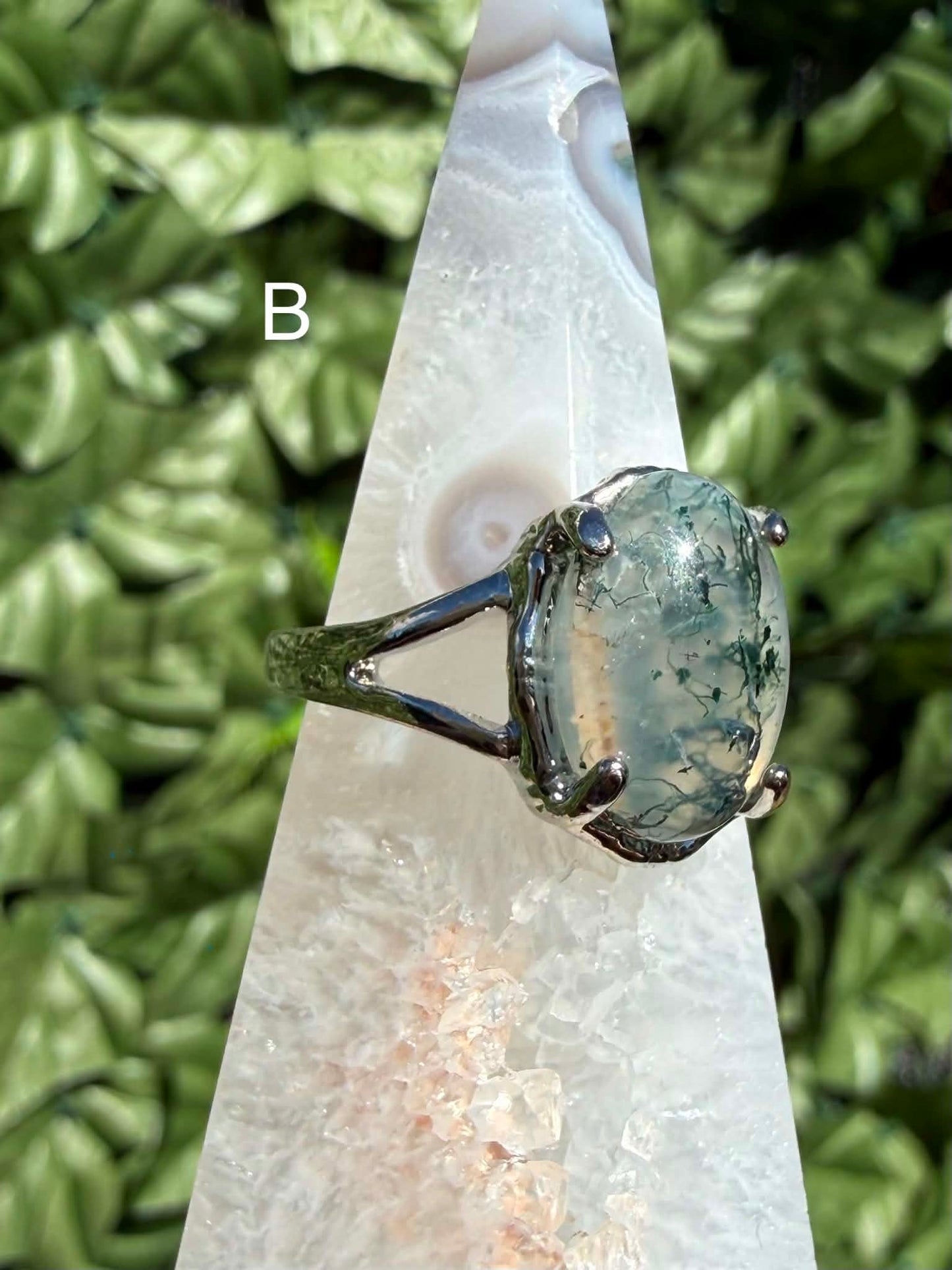 Moss Agate Statement Ring — Silver‑Tone Alloy (Sizes 20)
