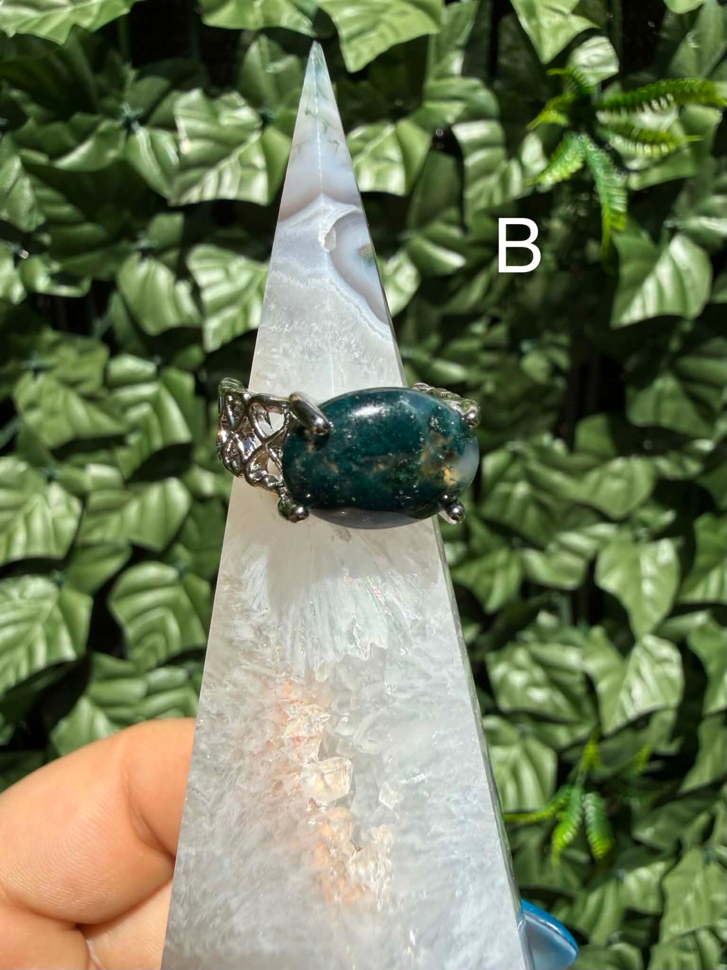 Moss Agate Statement Ring — Silver‑Tone Alloy (Sizes 17)