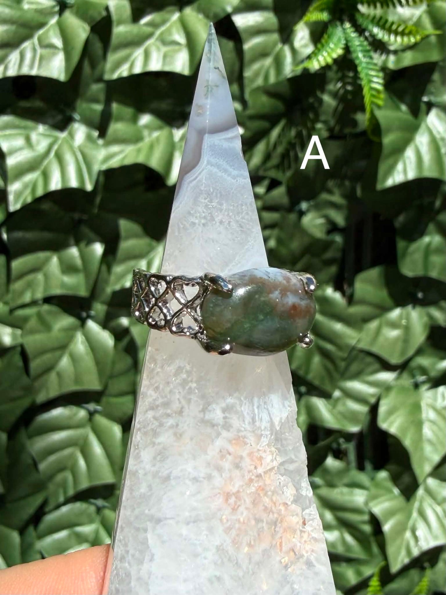 Moss Agate Statement Ring — Silver‑Tone Alloy (Sizes 18)