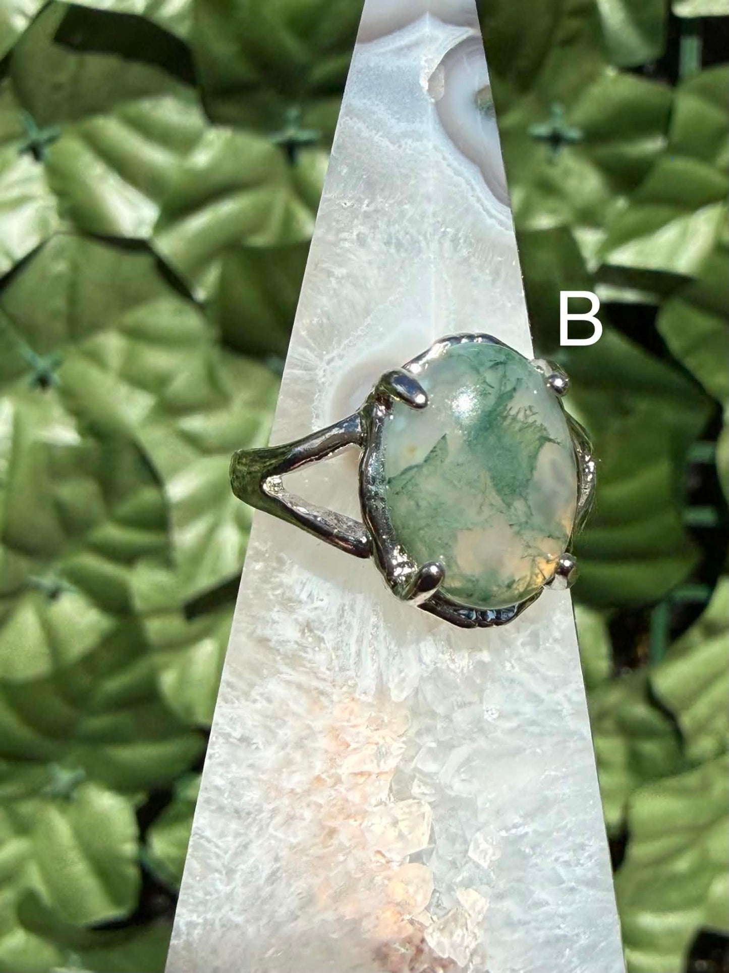 Moss Agate Statement Ring — Silver‑Tone Alloy (Sizes 19)