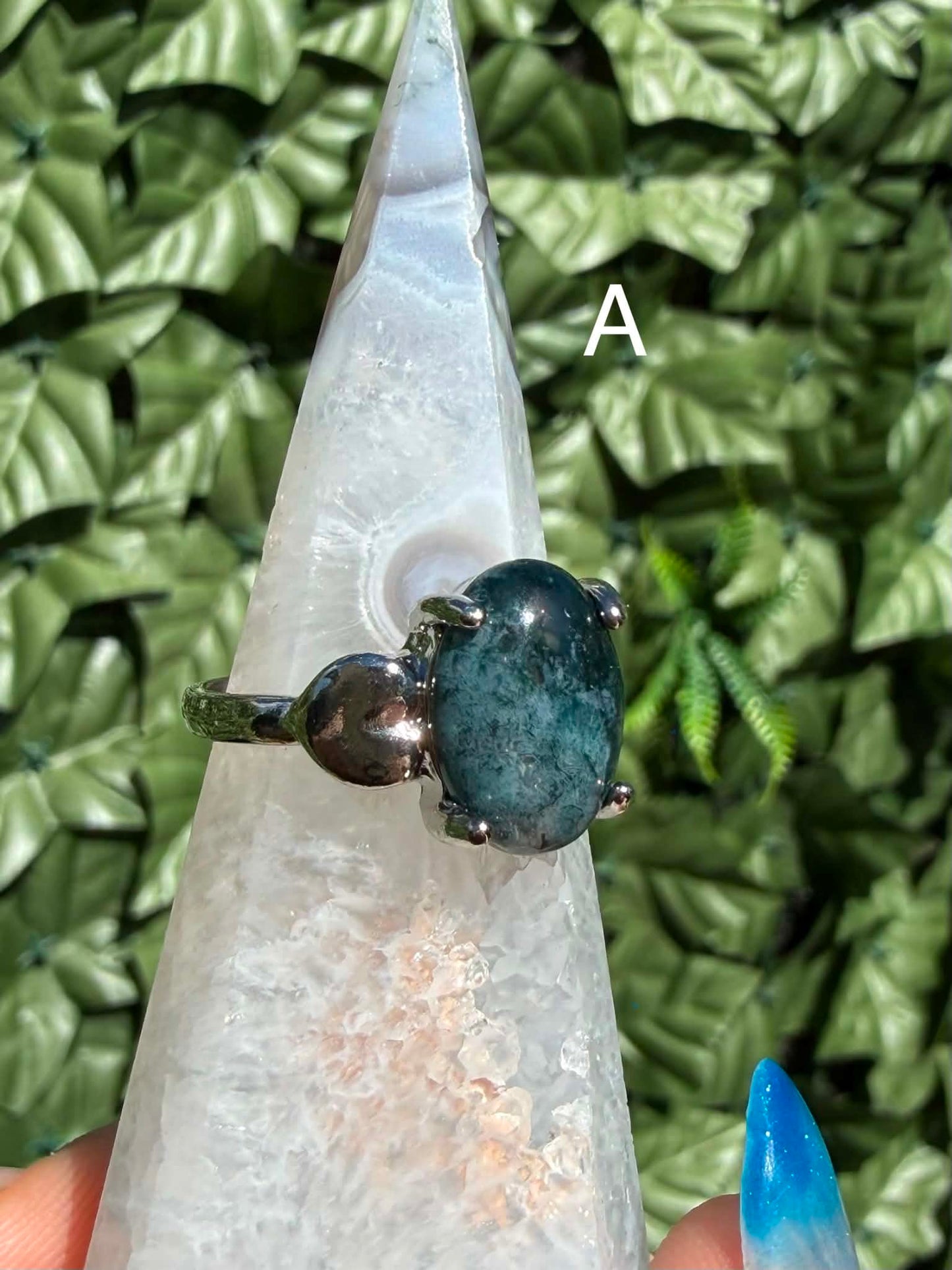 Moss Agate Statement Ring — Silver‑Tone Alloy (Sizes 20)